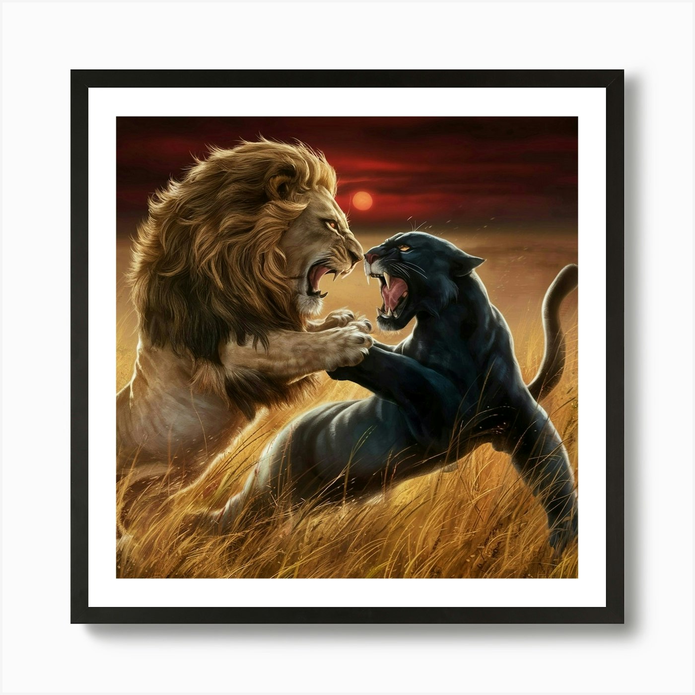 Lion And Panther Fighting Art Print Framed Wall Art Poster Canvas Print Picture