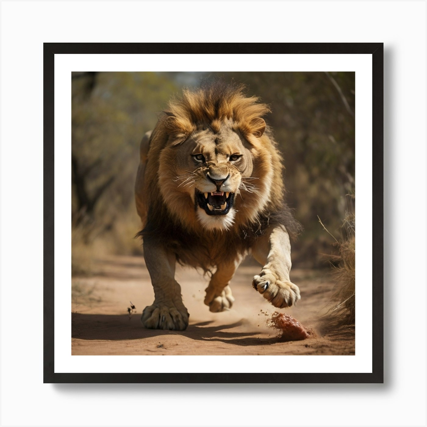 Lion Running - A Lion Pounces On It Framed Wall Art Poster Canvas Print Picture