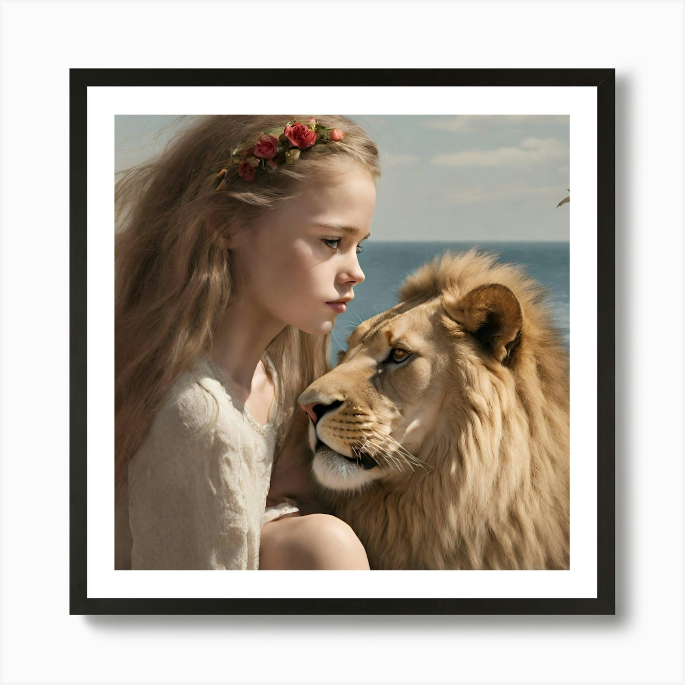 Lion And Girl 2 Art Print Framed Wall Art Poster Canvas Print Picture