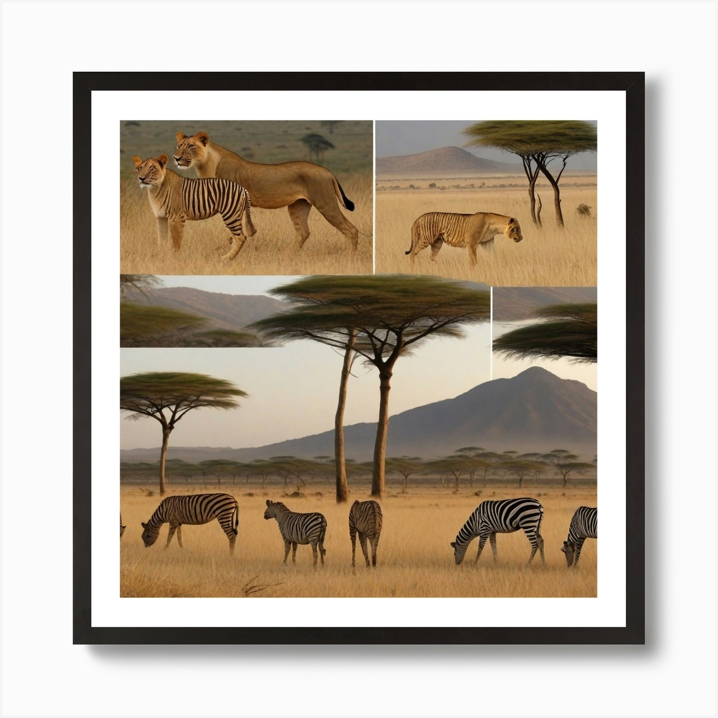 Lions And Zebras Art Print Framed Wall Art Poster Canvas Print Picture