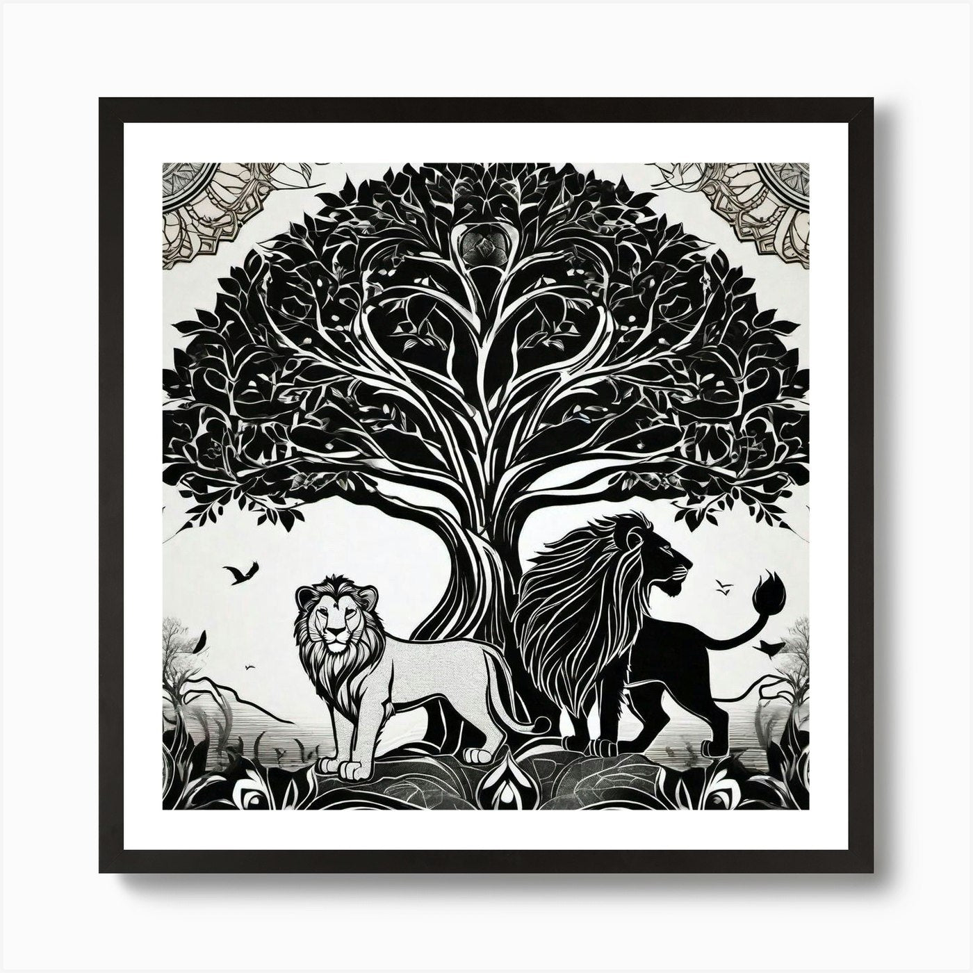 Lions And Tree Of Life Art Print Framed Wall Art Poster Canvas Print Picture