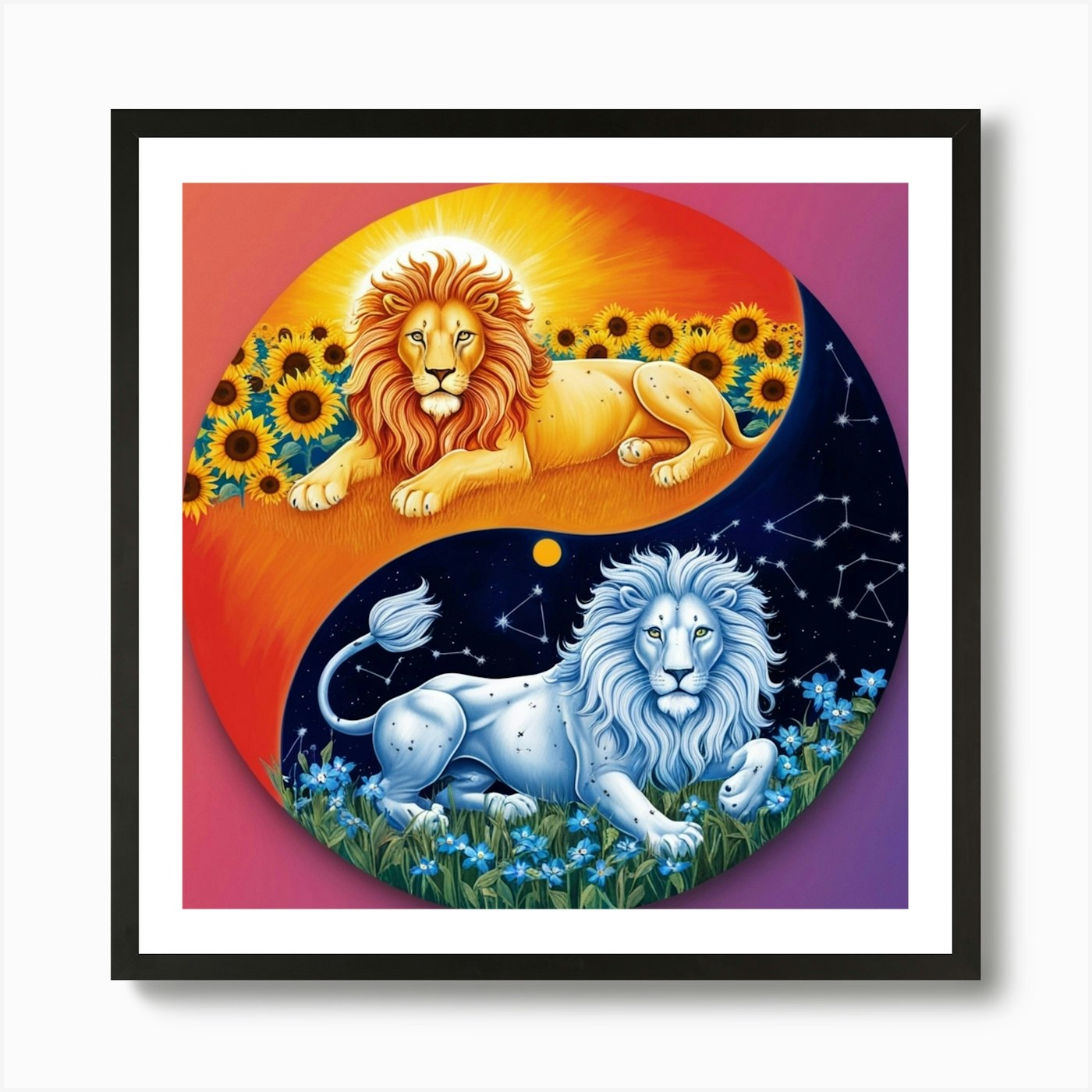 Lions And Sunflowers Art Print Framed Wall Art Poster Canvas Print Picture