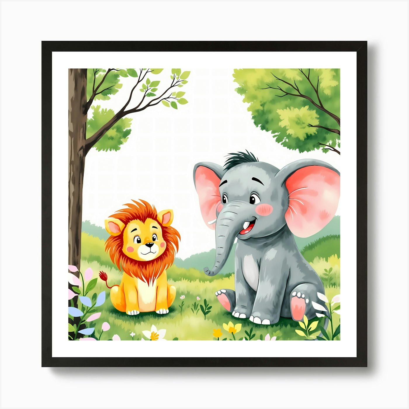Cartoon Elephant And Lion In The Fo Framed Wall Art Poster Canvas Print Picture