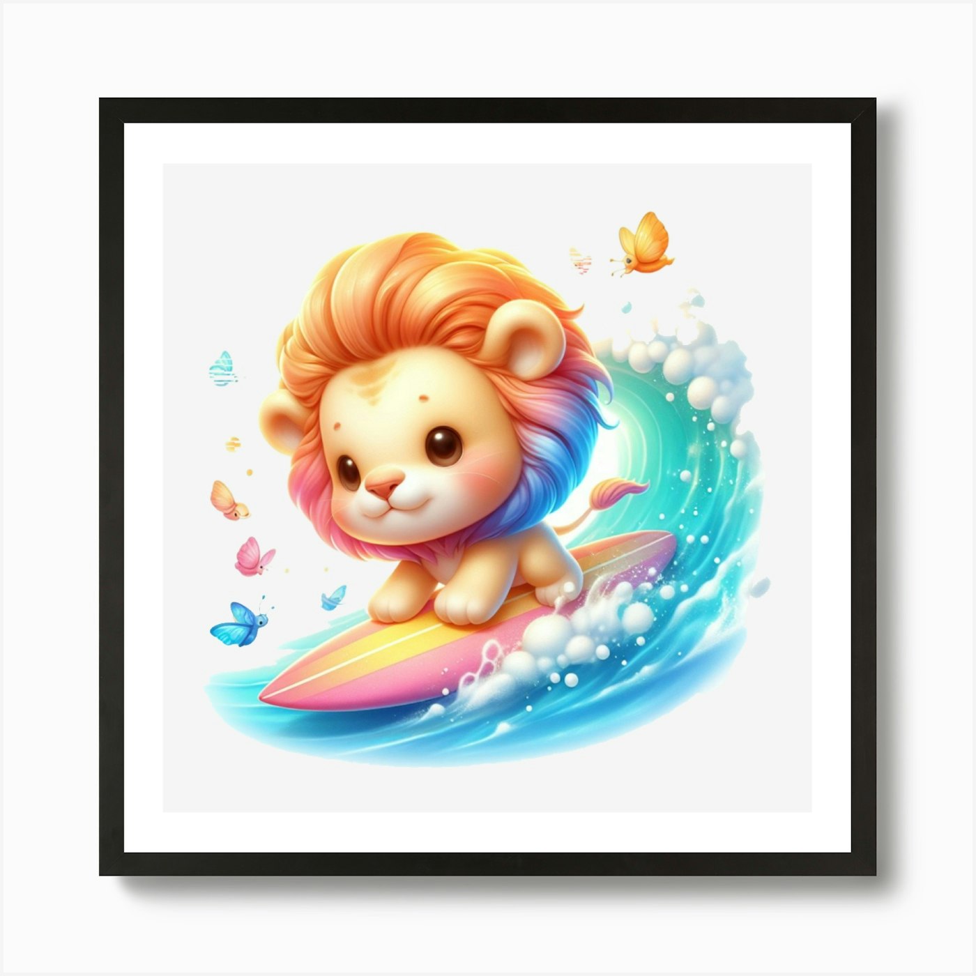 Lion On Surfboard 1 Art Print Framed Wall Art Poster Canvas Print Picture