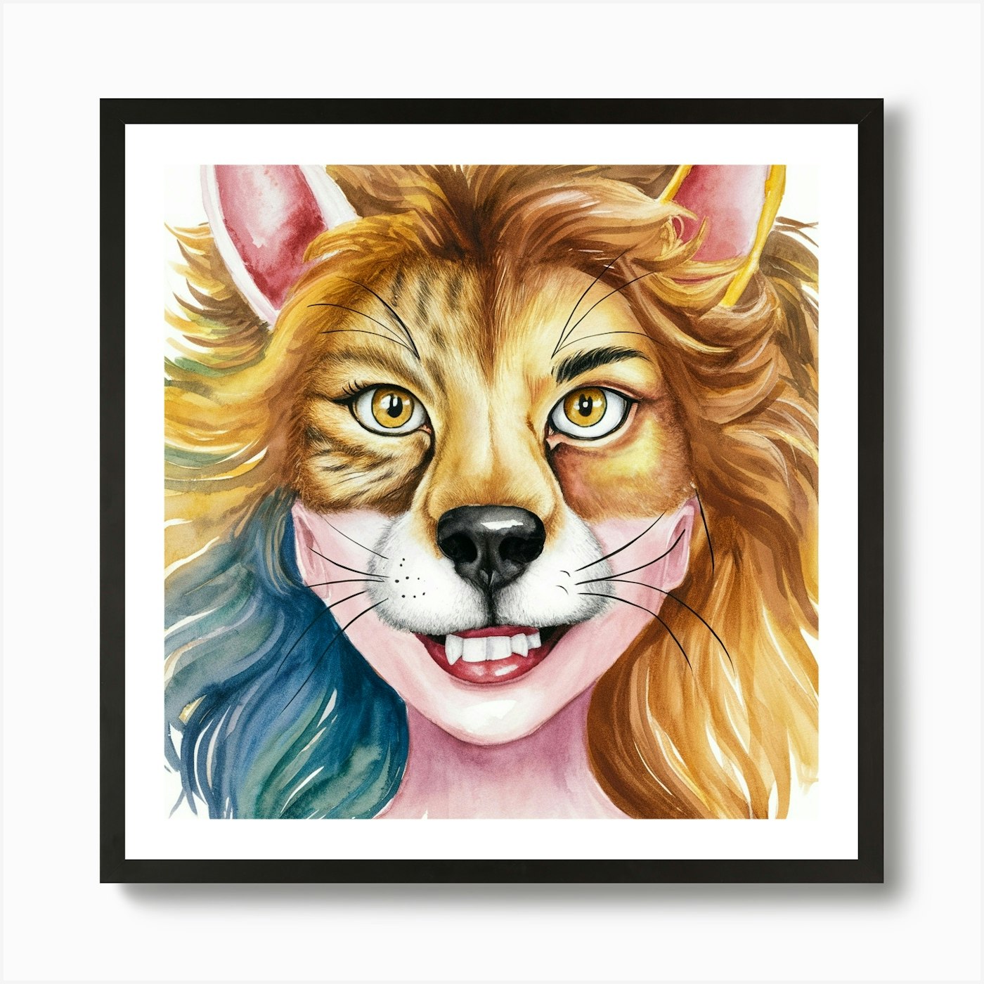 Lion Girl Watercolor Painting Art P Framed Wall Art Poster Canvas Print Picture