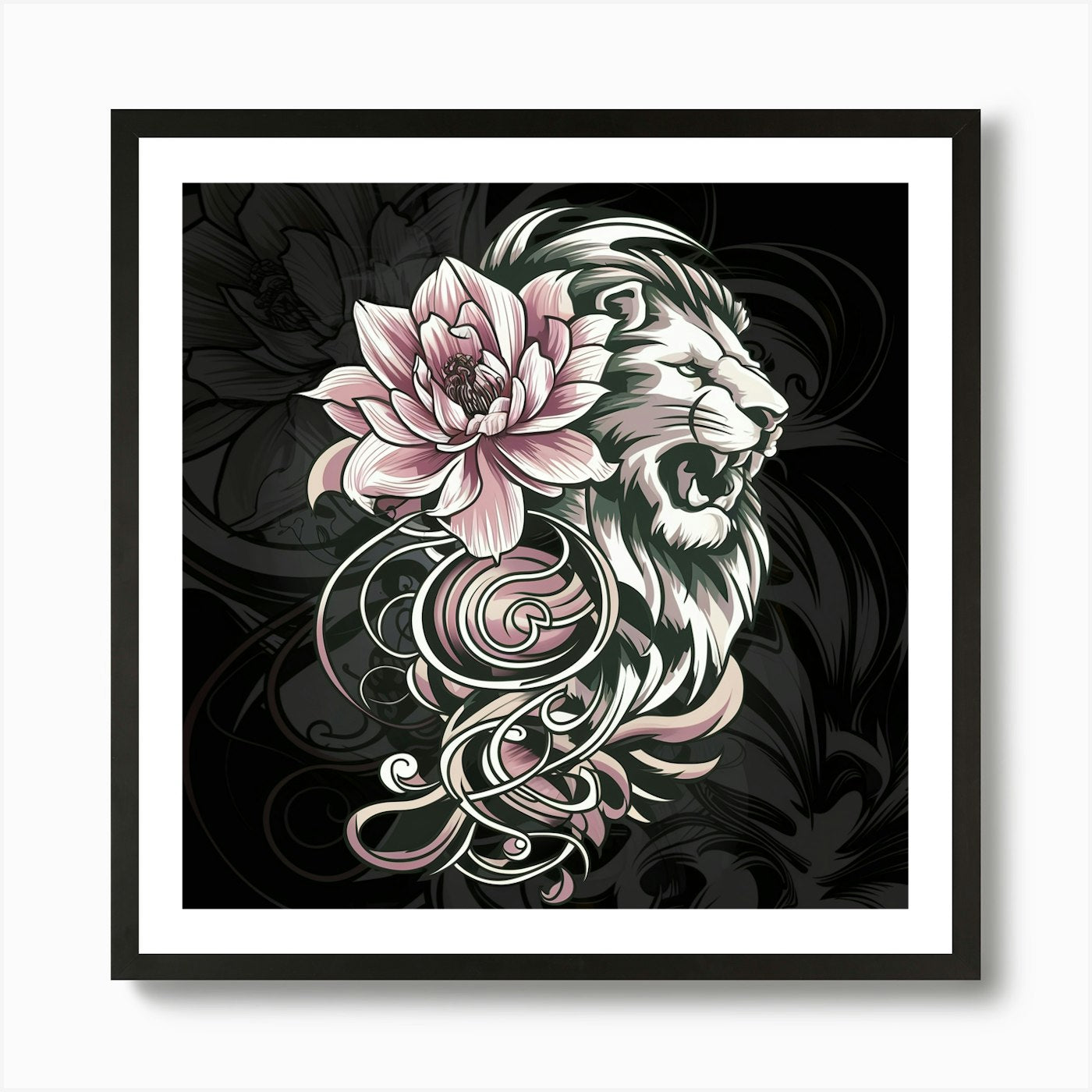 Lion With Lotus Flower Art Print Framed Wall Art Poster Canvas Print Picture