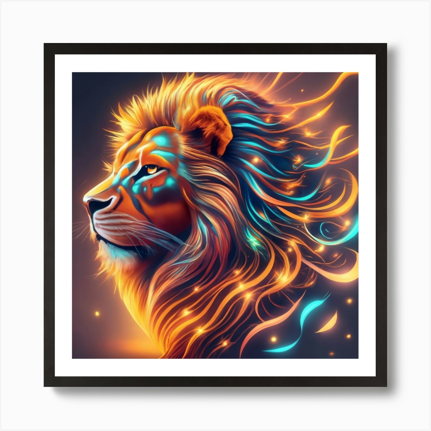 Fantasy Lion Made Of Neon Rays Emin Framed Wall Art Poster Canvas Print Picture