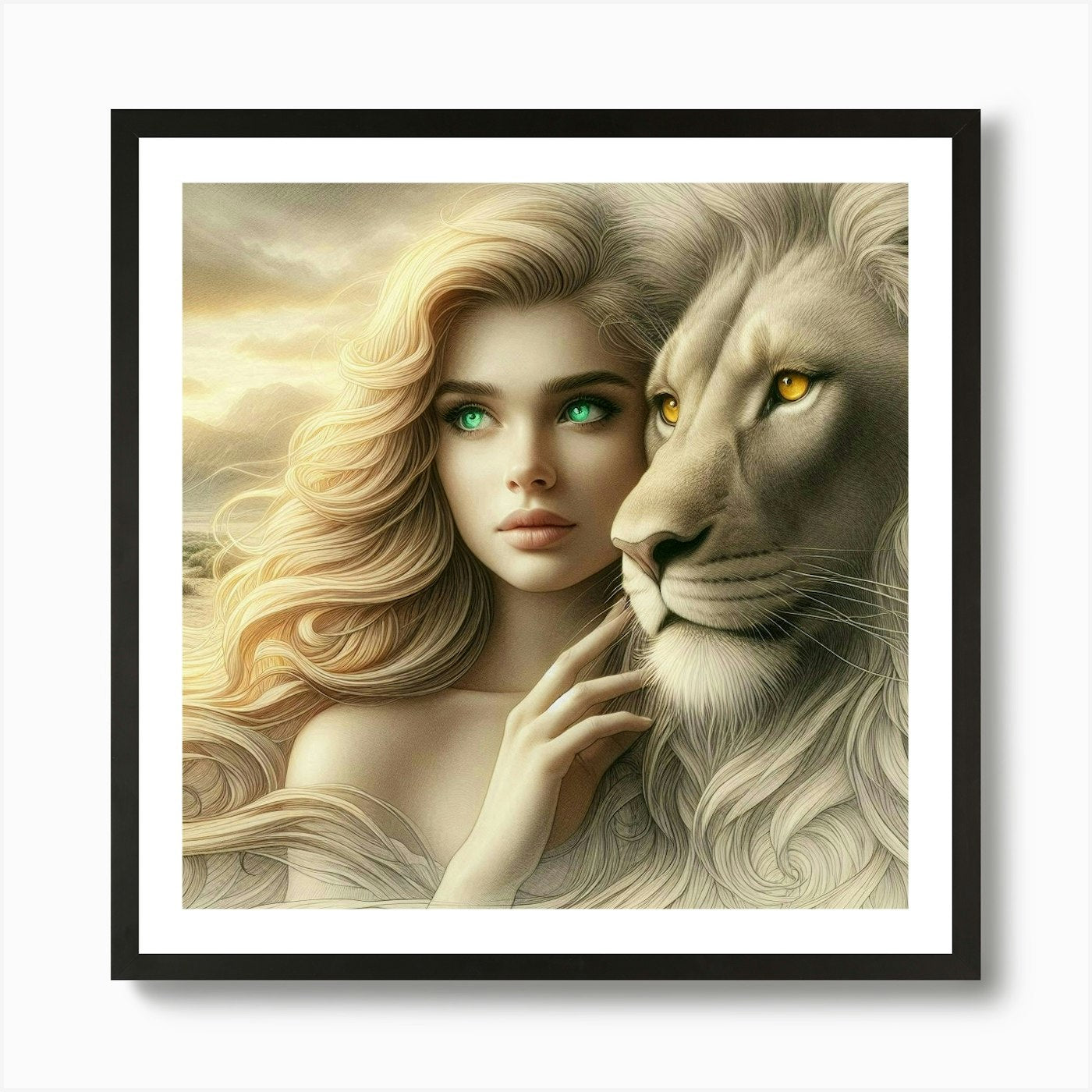 A beautiful woman and lion 6 Art Pr Framed Wall Art Poster Canvas Print Picture