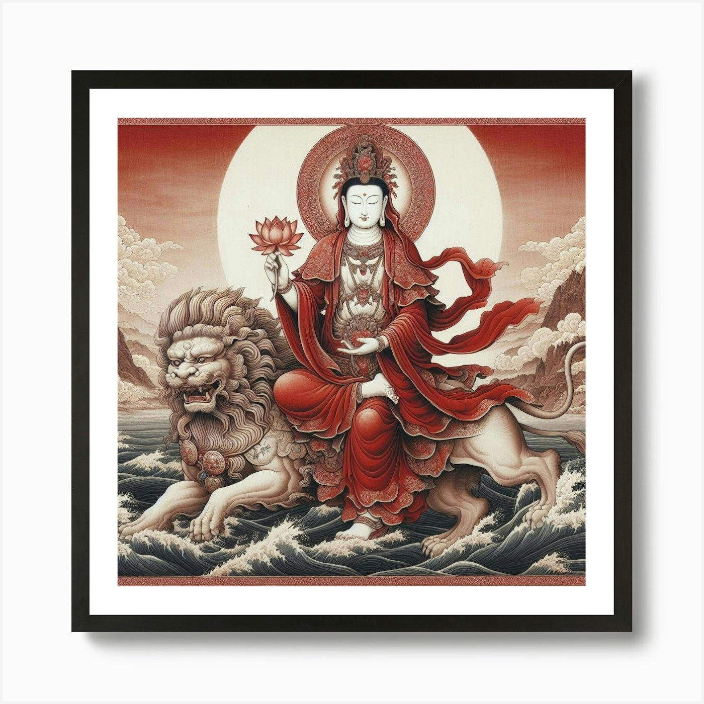 Buddha On A Lion Art Print Framed Wall Art Poster Canvas Print Picture