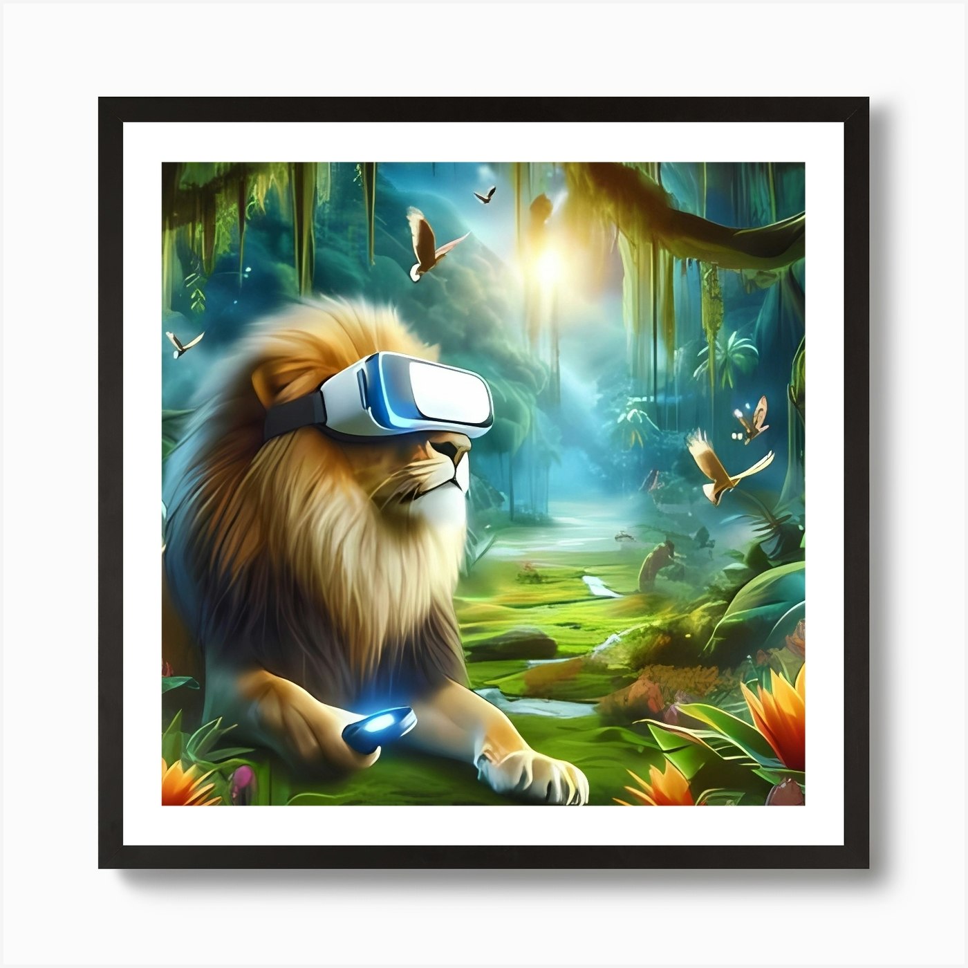 Lion In The Jungle with VR Art Prin Framed Wall Art Poster Canvas Print Picture
