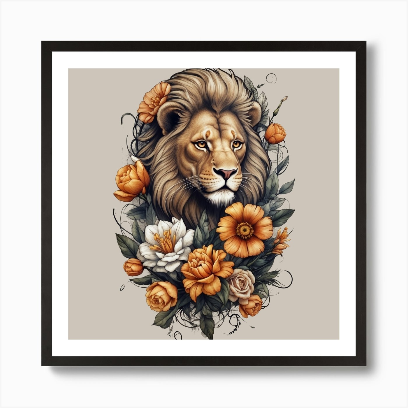 Lion With Flowers Art Print Framed Wall Art Poster Canvas Print Picture