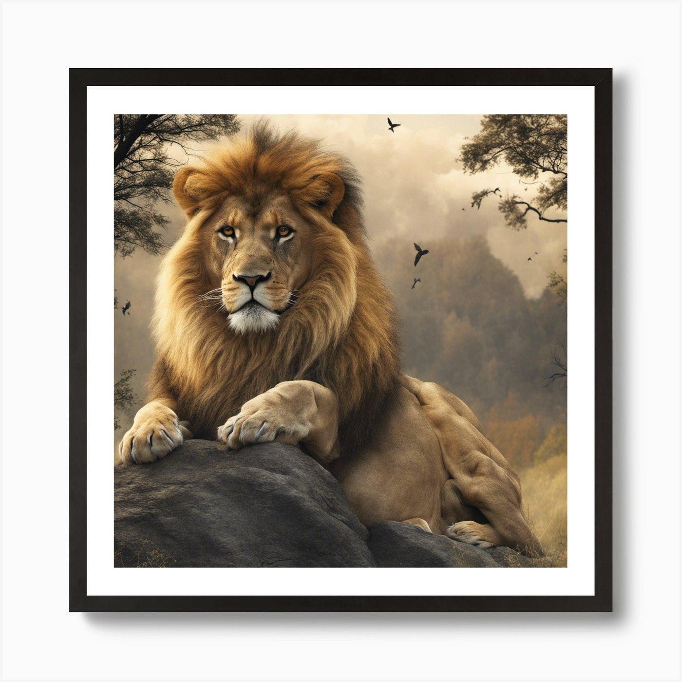 Lion In The Forest Art Print Framed Wall Art Poster Canvas Print Picture