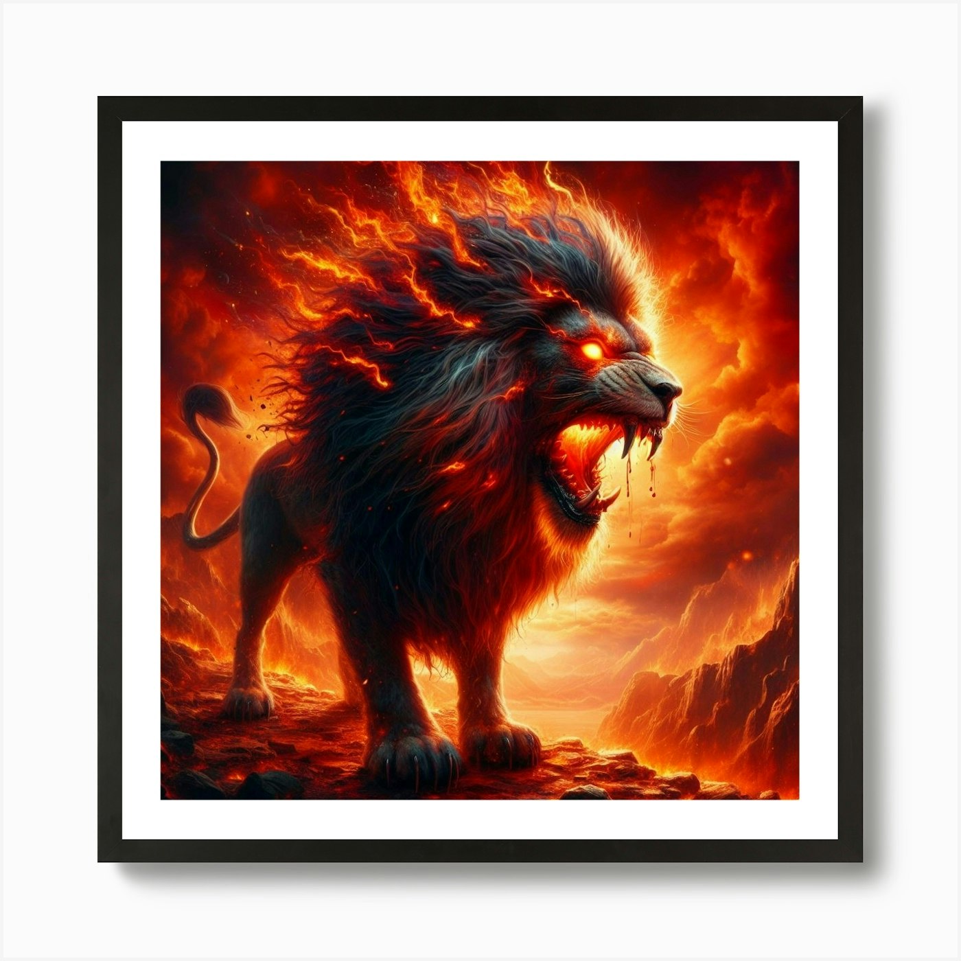Lion On Fire Art Print Framed Wall Art Poster Canvas Print Picture