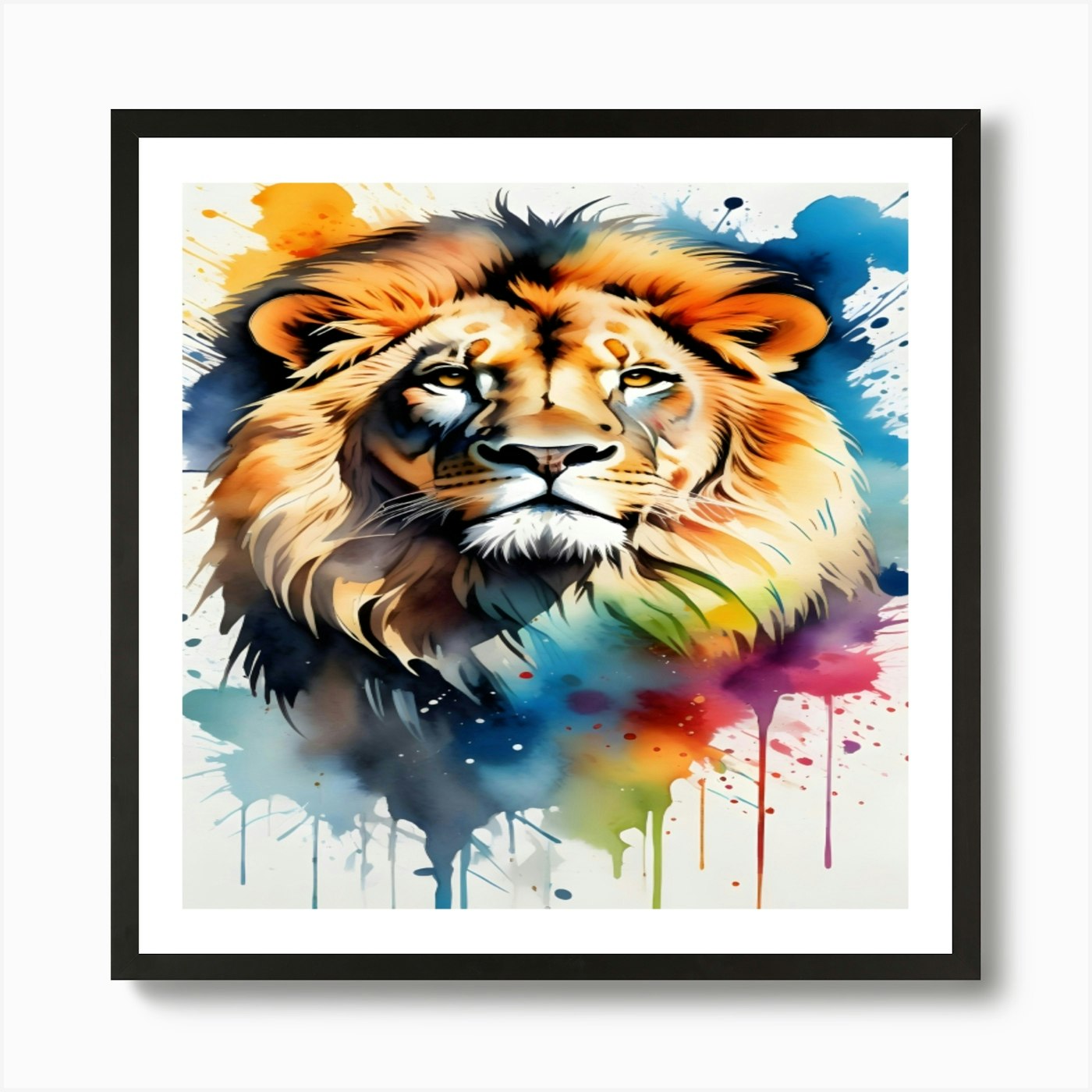 Lion Painted In Watercolor Splatter Framed Wall Art Poster Canvas Print Picture