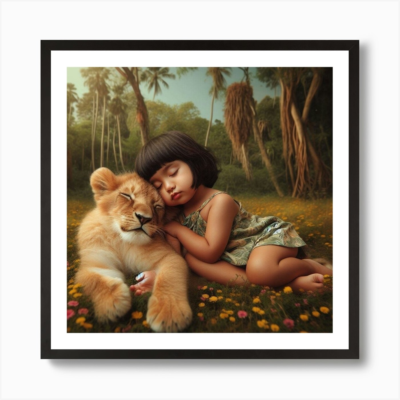 Lion And A Little Girl Sleeping Art Framed Wall Art Poster Canvas Print Picture