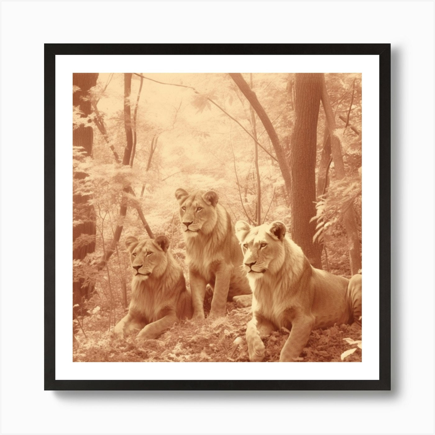 Armadiler Lion Family In The Woods Framed Wall Art Poster Canvas Print Picture