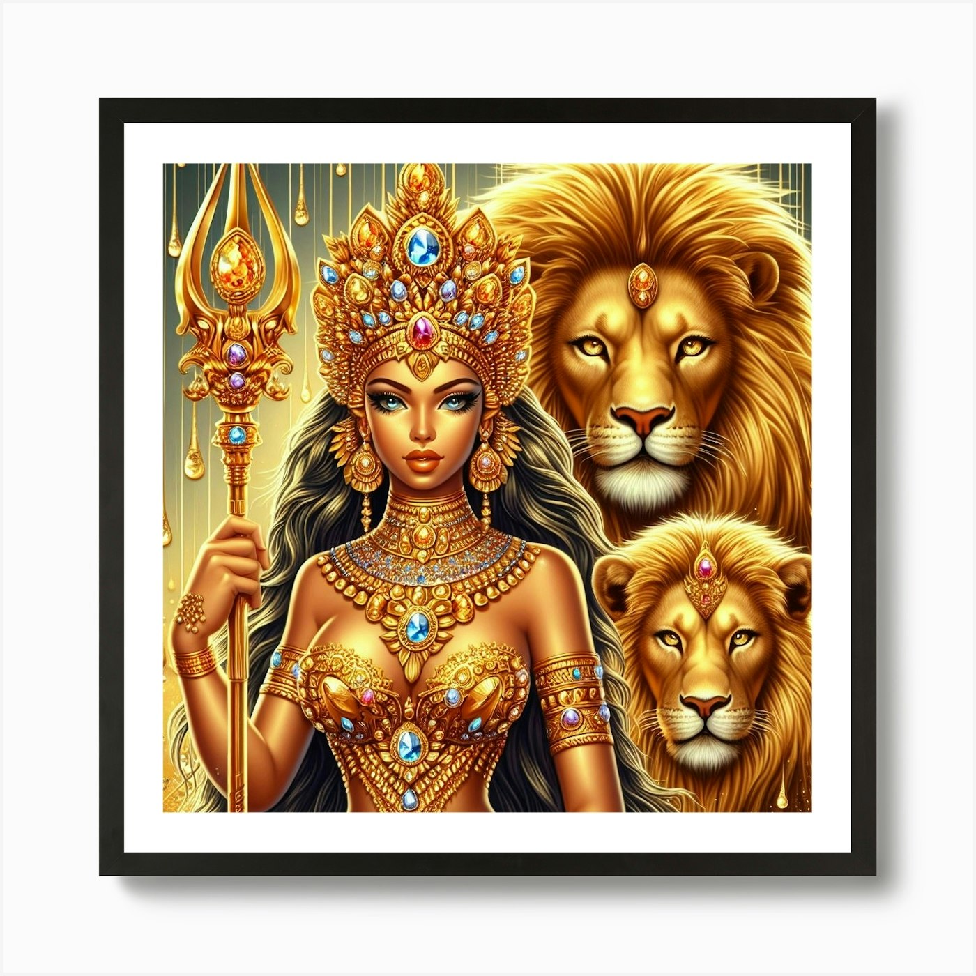 Goddess Of Gold With Lions Art Prin Framed Wall Art Poster Canvas Print Picture