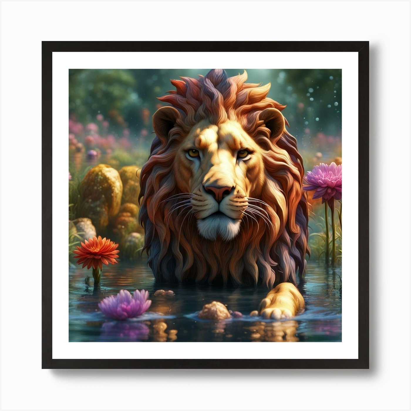 Lion In Water Art Print Framed Wall Art Poster Canvas Print Picture