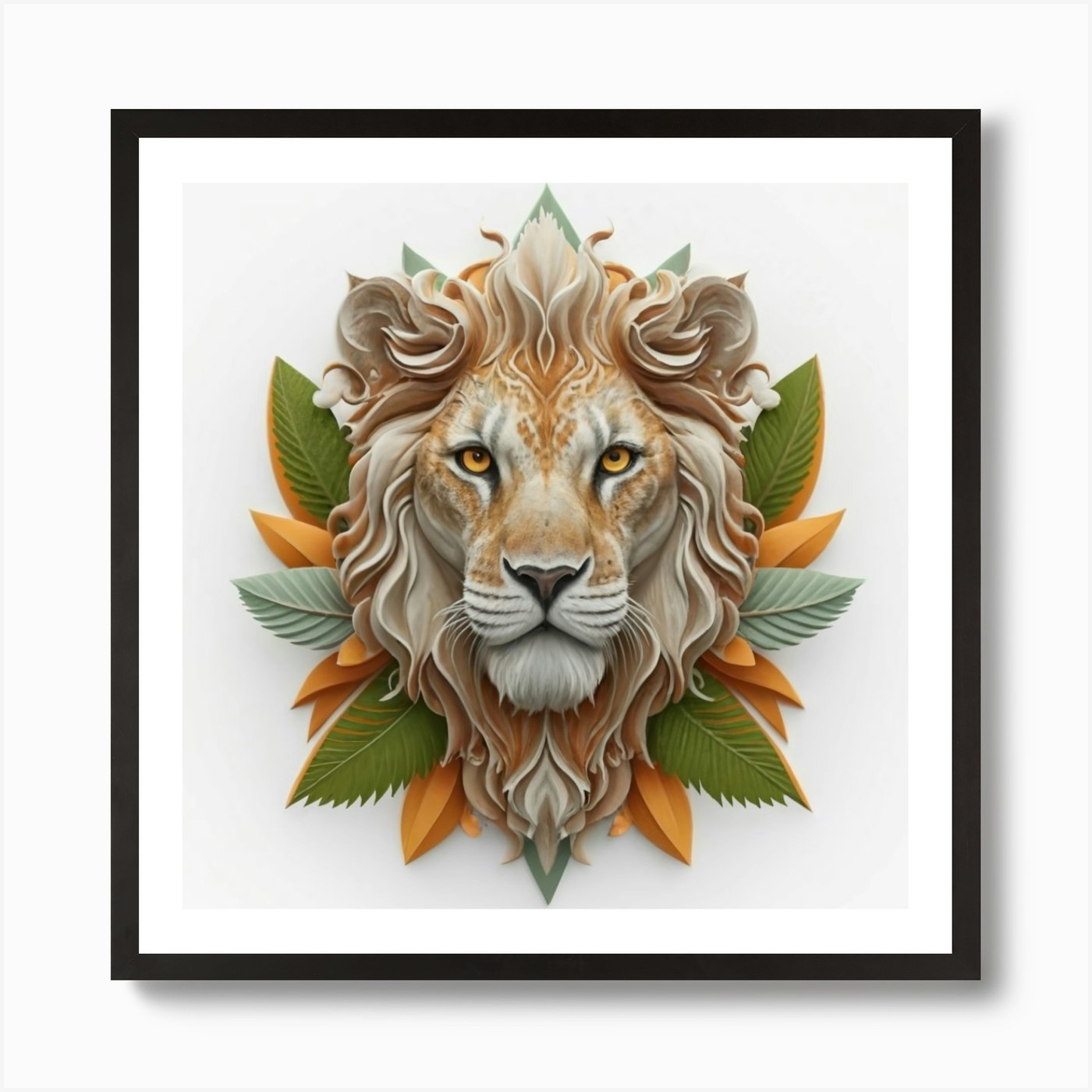 Lion Head With Leaves Art Print Framed Wall Art Poster Canvas Print Picture