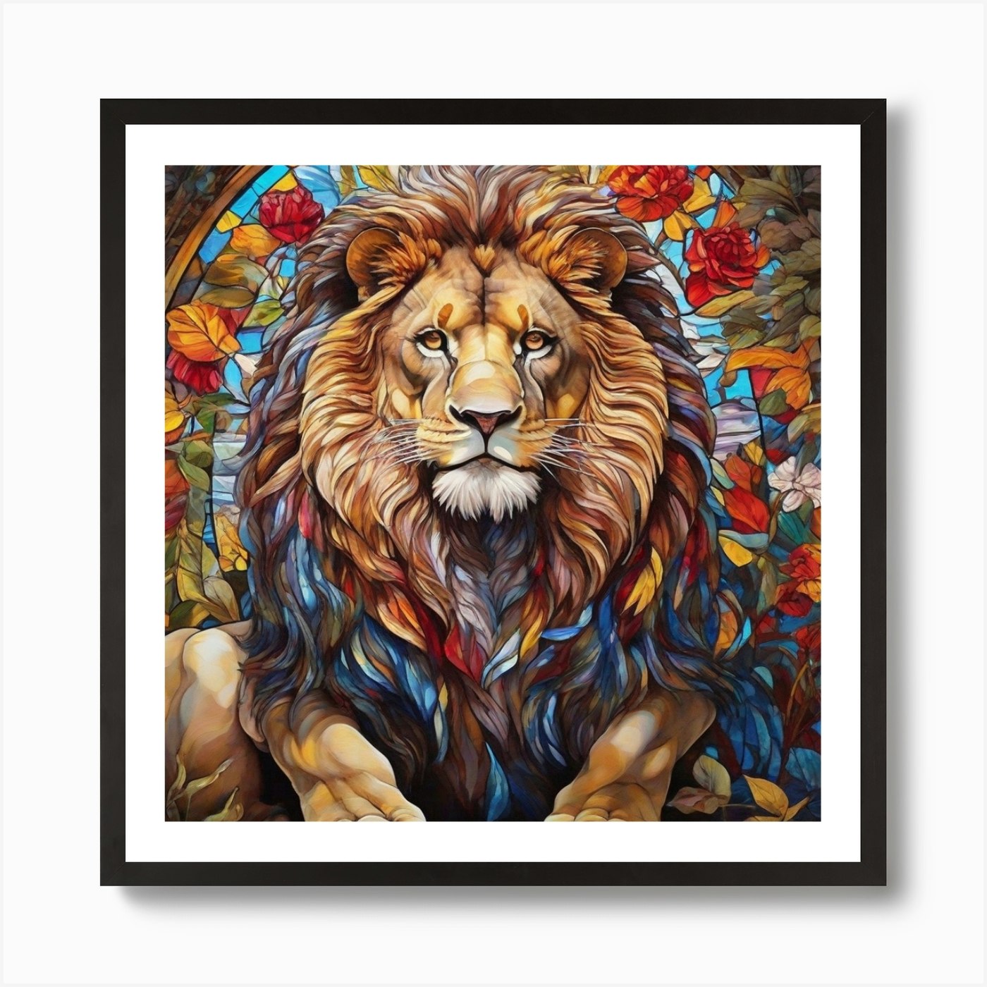 Lion With Roses Art Print Framed Wall Art Poster Canvas Print Picture