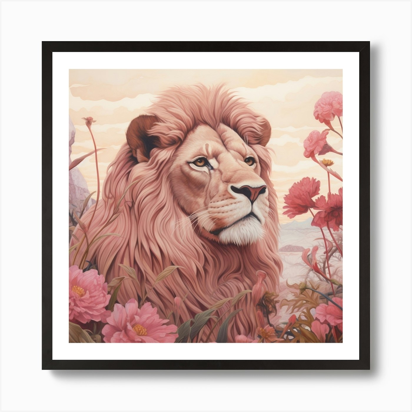Lion Pink Jungle Animal Portrait Ar Framed Wall Art Poster Canvas Print Picture