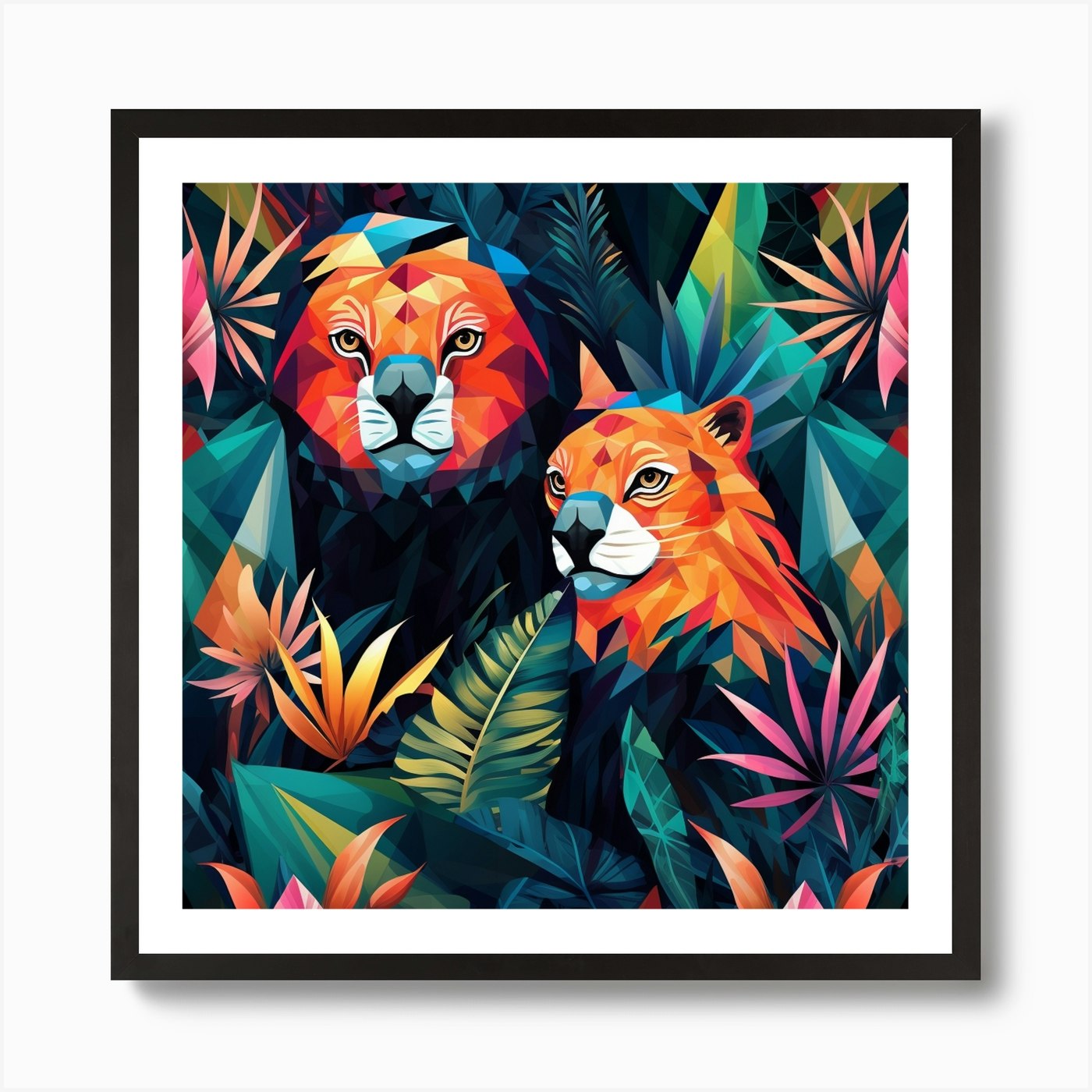 Two Lions In The Jungle Art Print Framed Wall Art Poster Canvas Print Picture