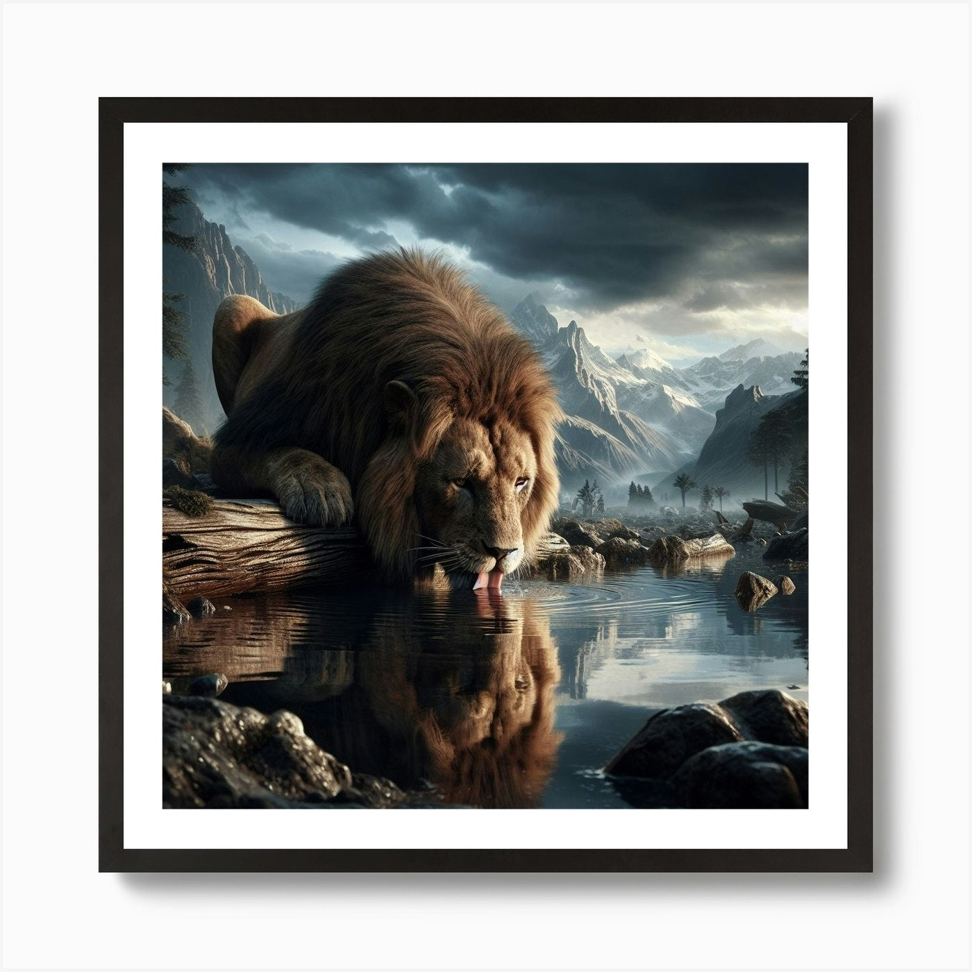 Lion In Water Art Print Framed Wall Art Poster Canvas Print Picture