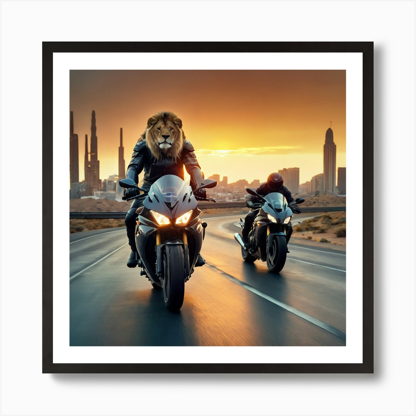 Lion On A Motorcycle 3 Art Print Framed Wall Art Poster Canvas Print Picture