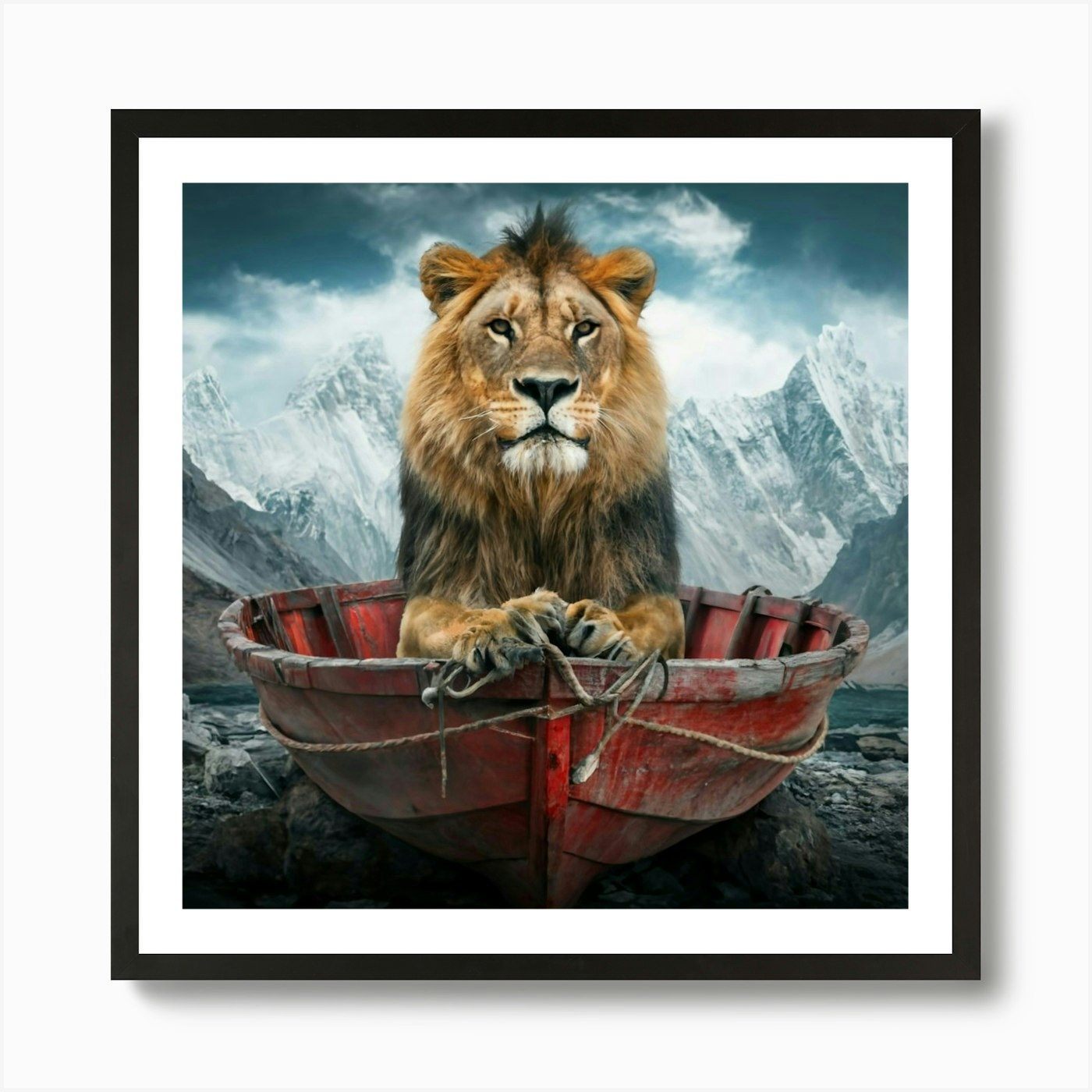 Lion In A Boat Art Print Framed Wall Art Poster Canvas Print Picture