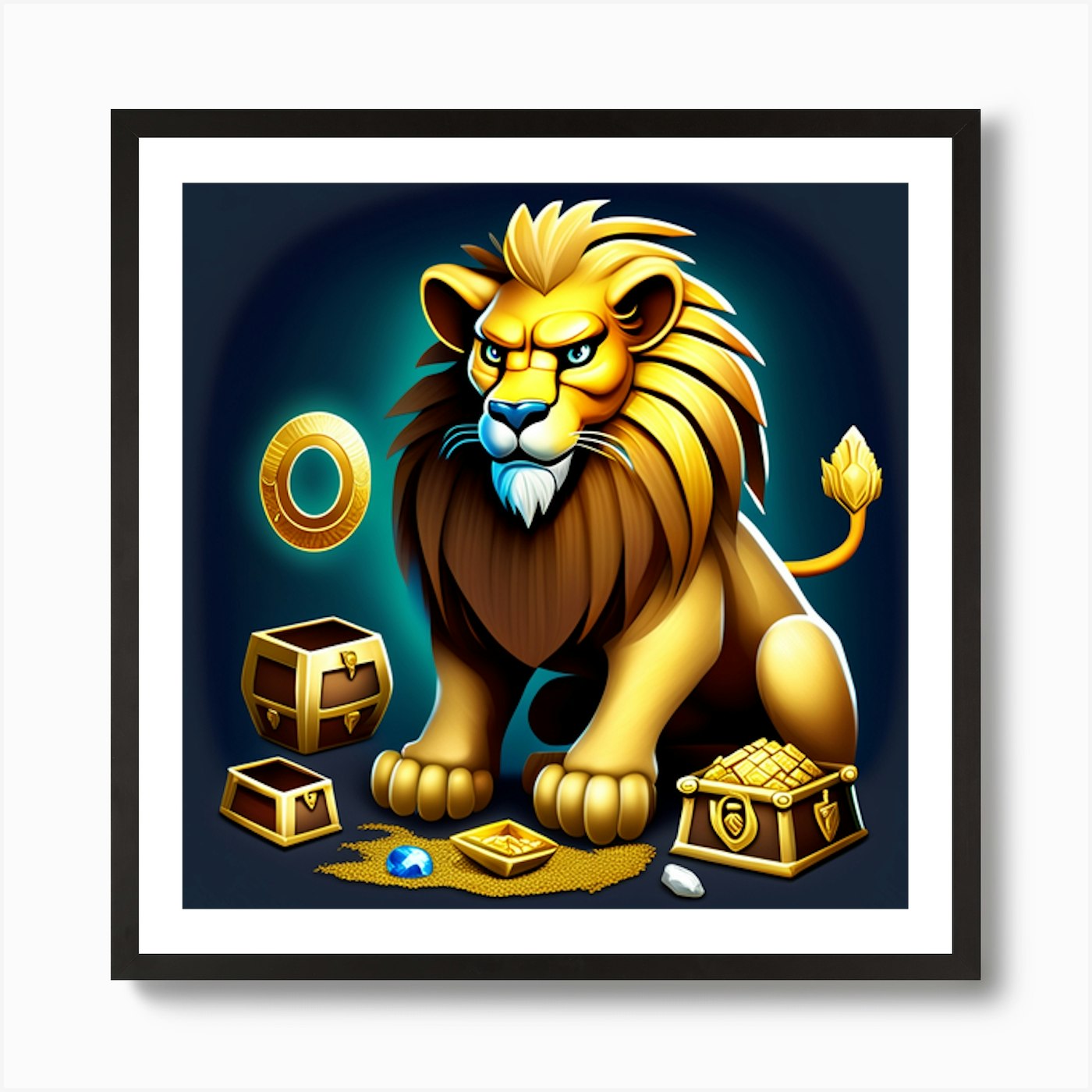Fantasy Art: Lion Defending Treasur Framed Wall Art Poster Canvas Print Picture