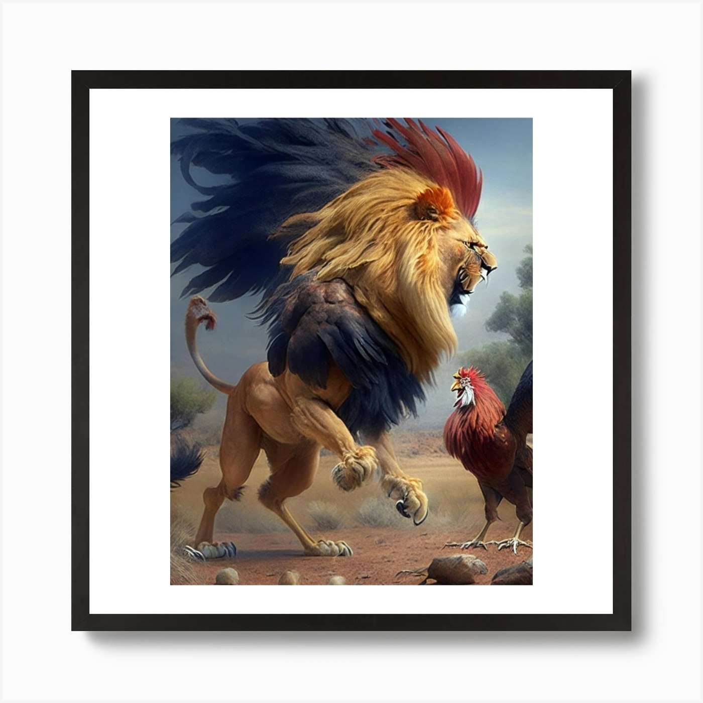 Lion And Rooster Art Print Framed Wall Art Poster Canvas Print Picture