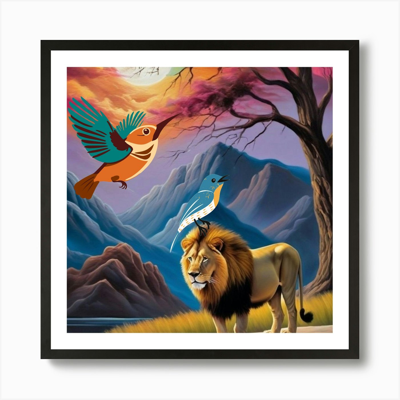 Lion And Bird Art Print Framed Wall Art Poster Canvas Print Picture