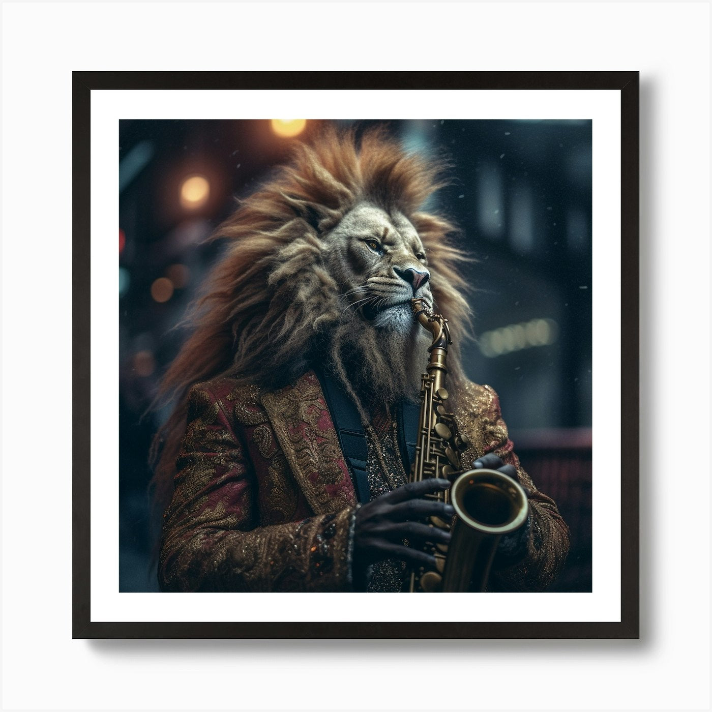 Lion Playing Saxophone Art Print Framed Wall Art Poster Canvas Print Picture