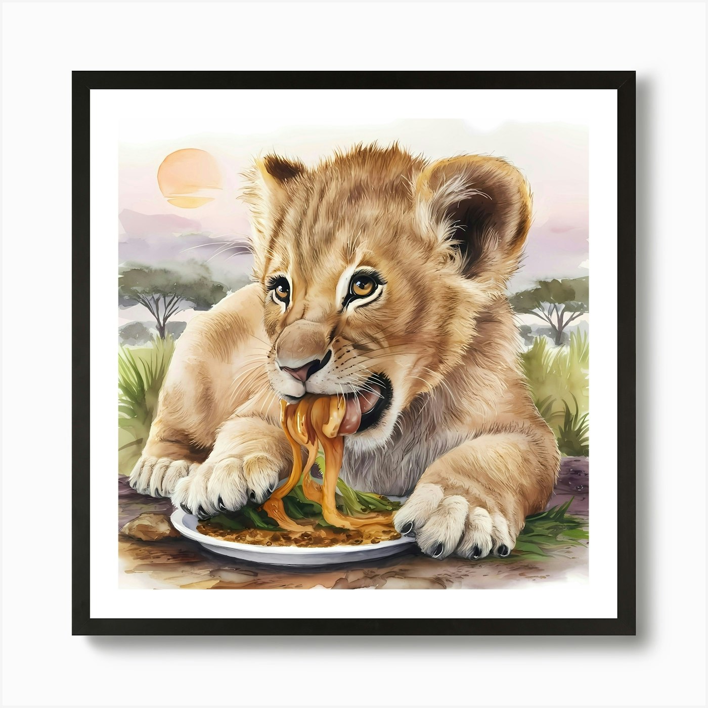 Lion Cub Eating Spaghetti Art Print Framed Wall Art Poster Canvas Print Picture