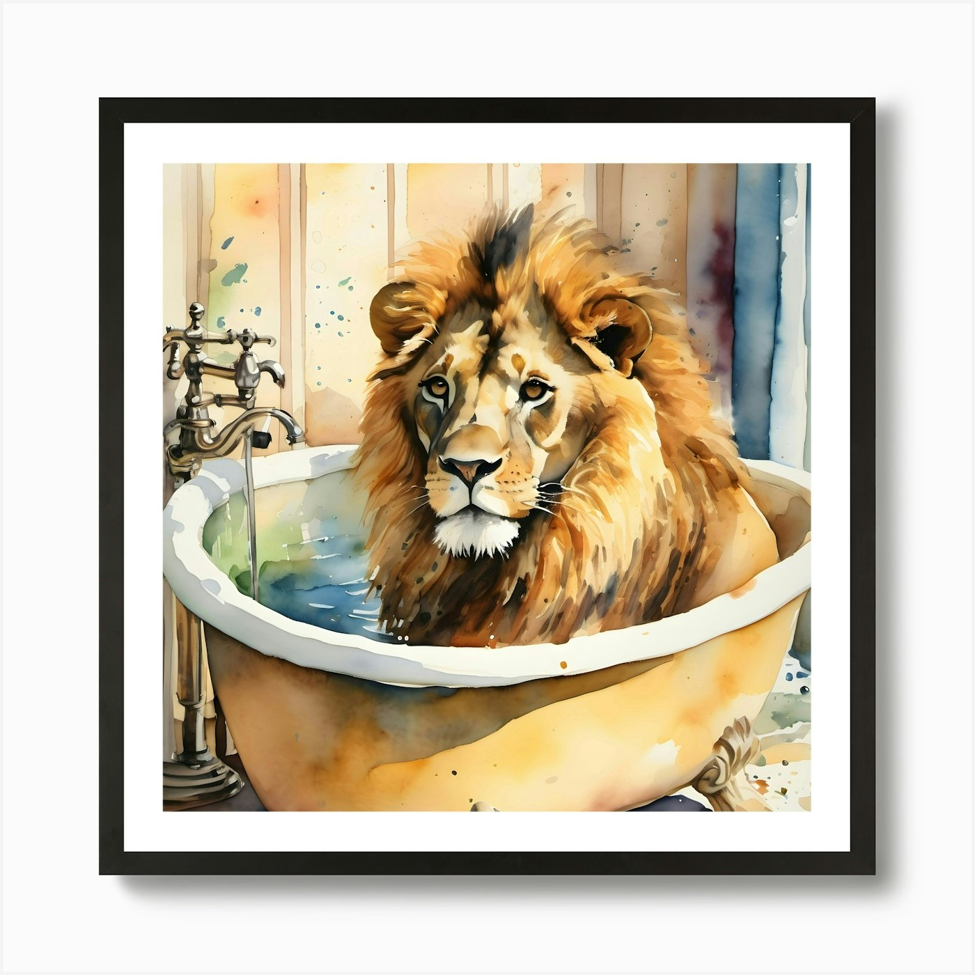 Lion In Bath Art Print Framed Wall Art Poster Canvas Print Picture