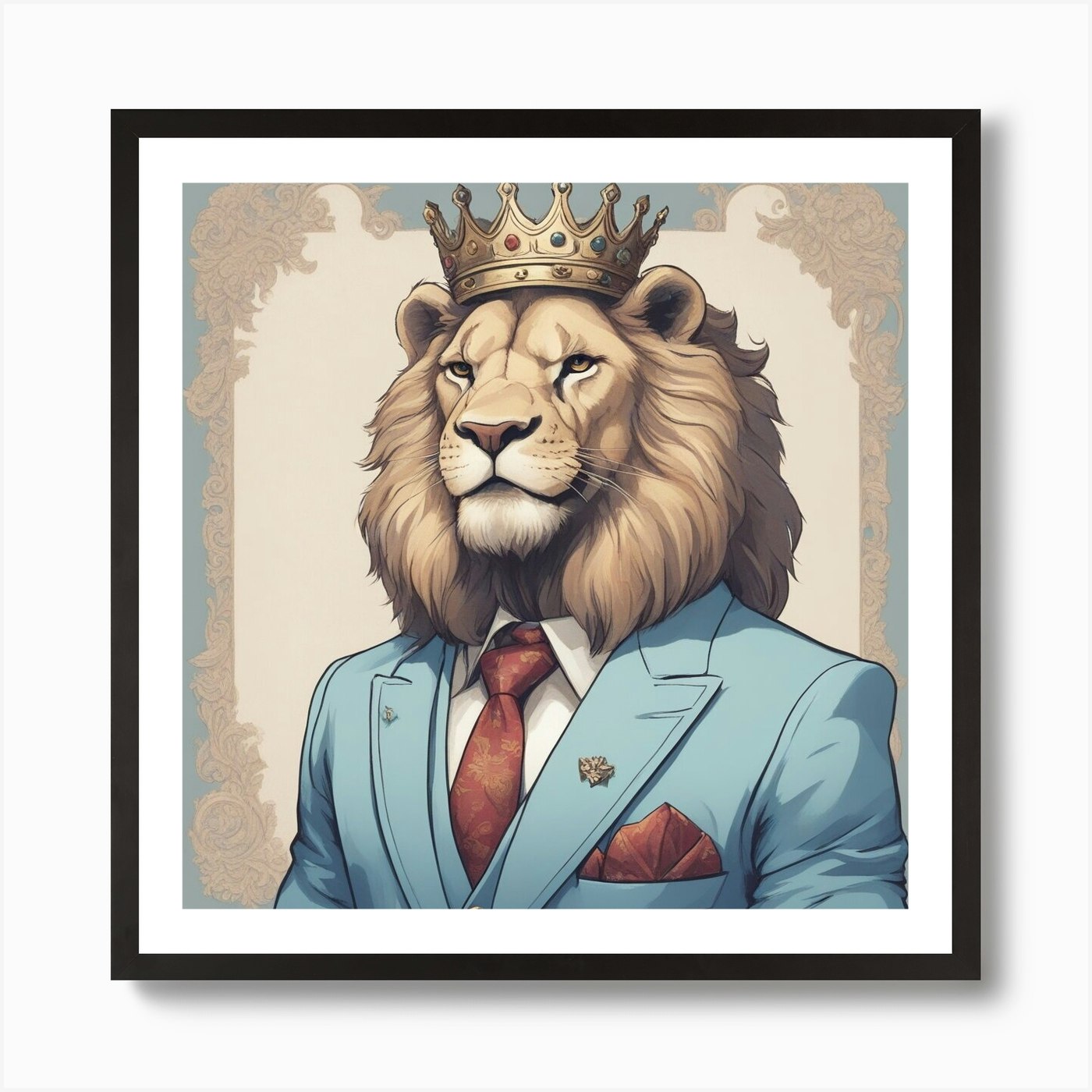 Lion King in a light blue suit Art Framed Wall Art Poster Canvas Print Picture