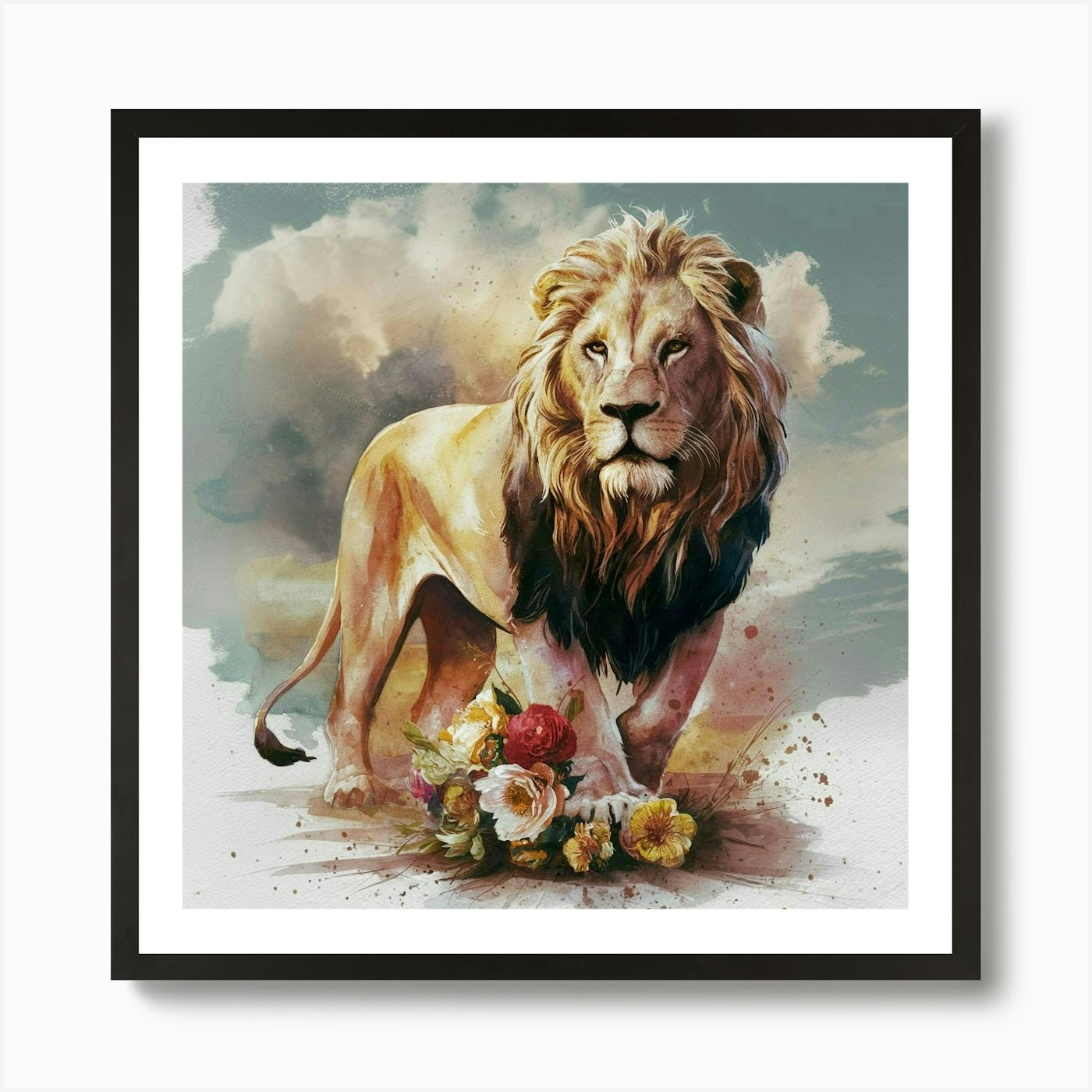 Lion With Flowers 3 Art Print Framed Wall Art Poster Canvas Print Picture