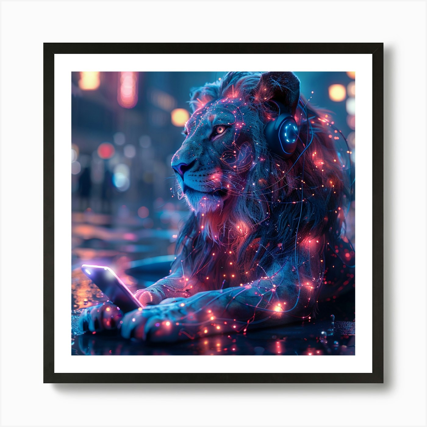 Lion With Headphones Art Print Framed Wall Art Poster Canvas Print Picture