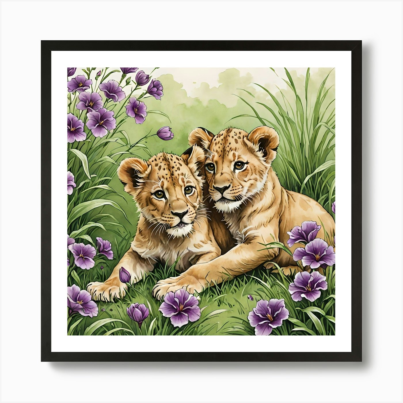 Lion Cubs Playing In The GardenLion Framed Wall Art Poster Canvas Print Picture