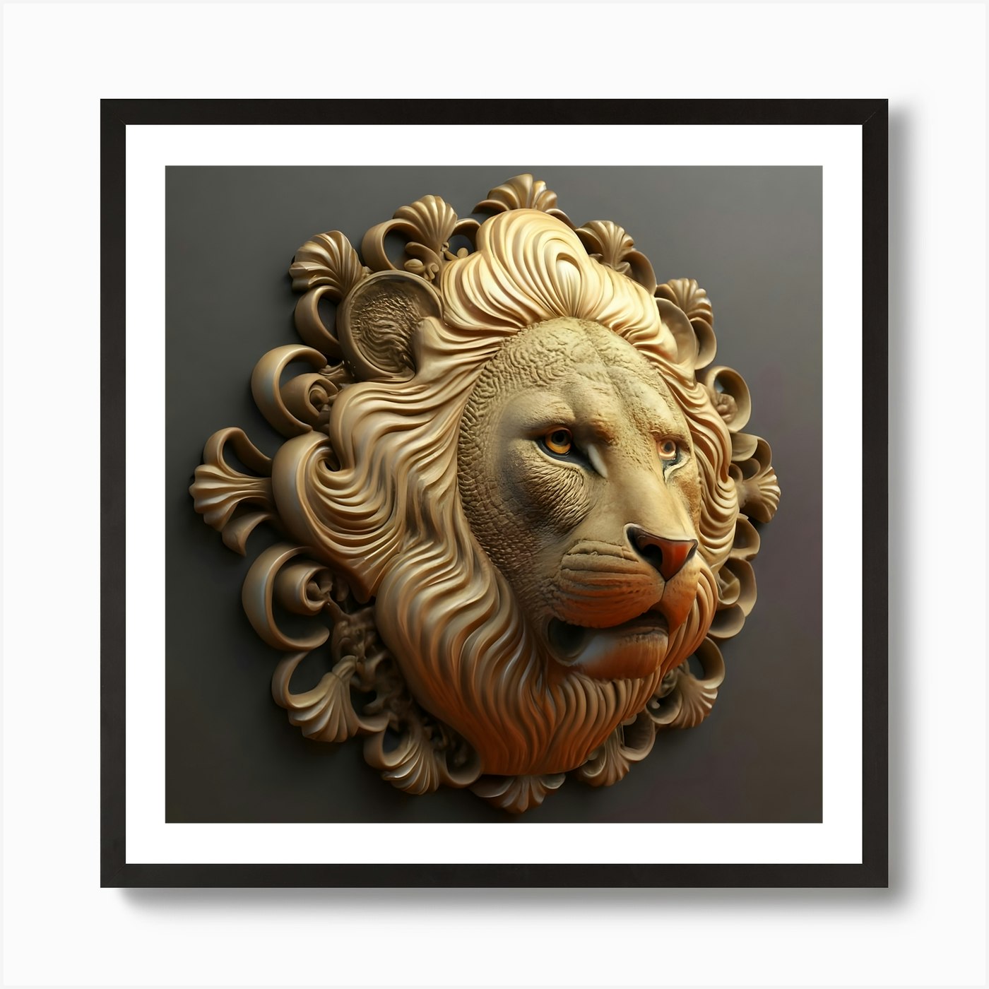 Lion in 3D view with decorative pat Framed Wall Art Poster Canvas Print Picture