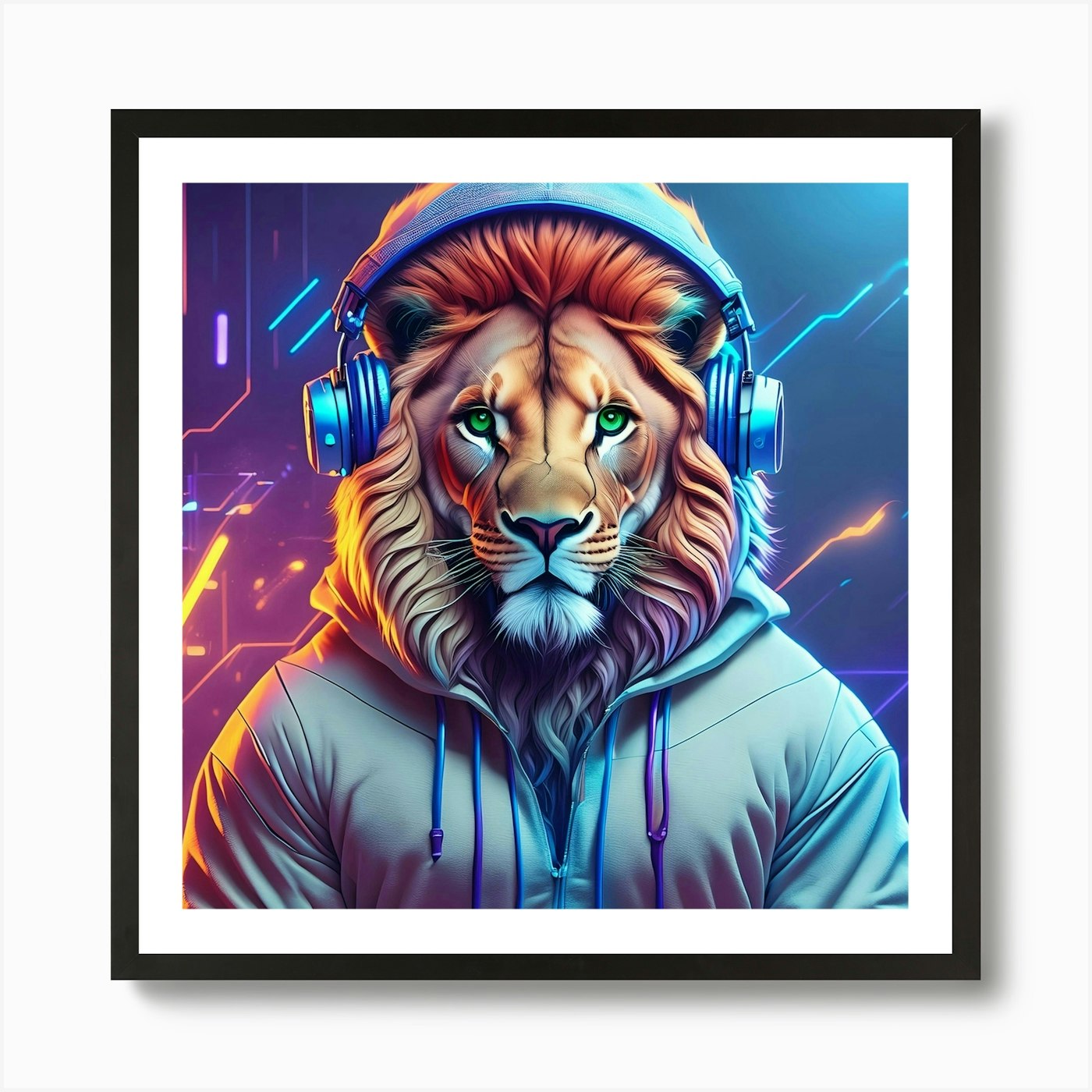 Lion With Headphones Art Print Framed Wall Art Poster Canvas Print Picture