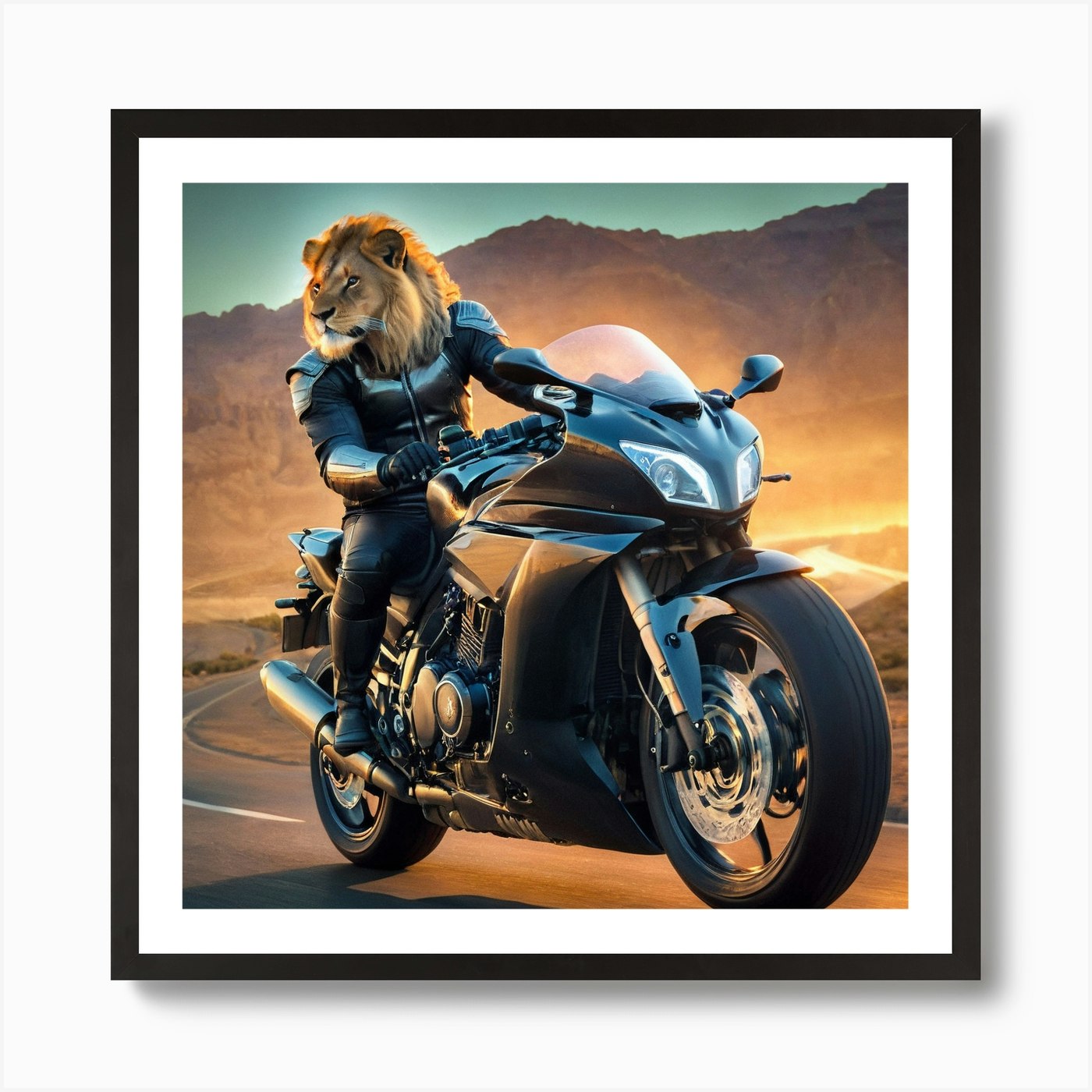 Lion On A Motorcycle 1 Art Print Framed Wall Art Poster Canvas Print Picture