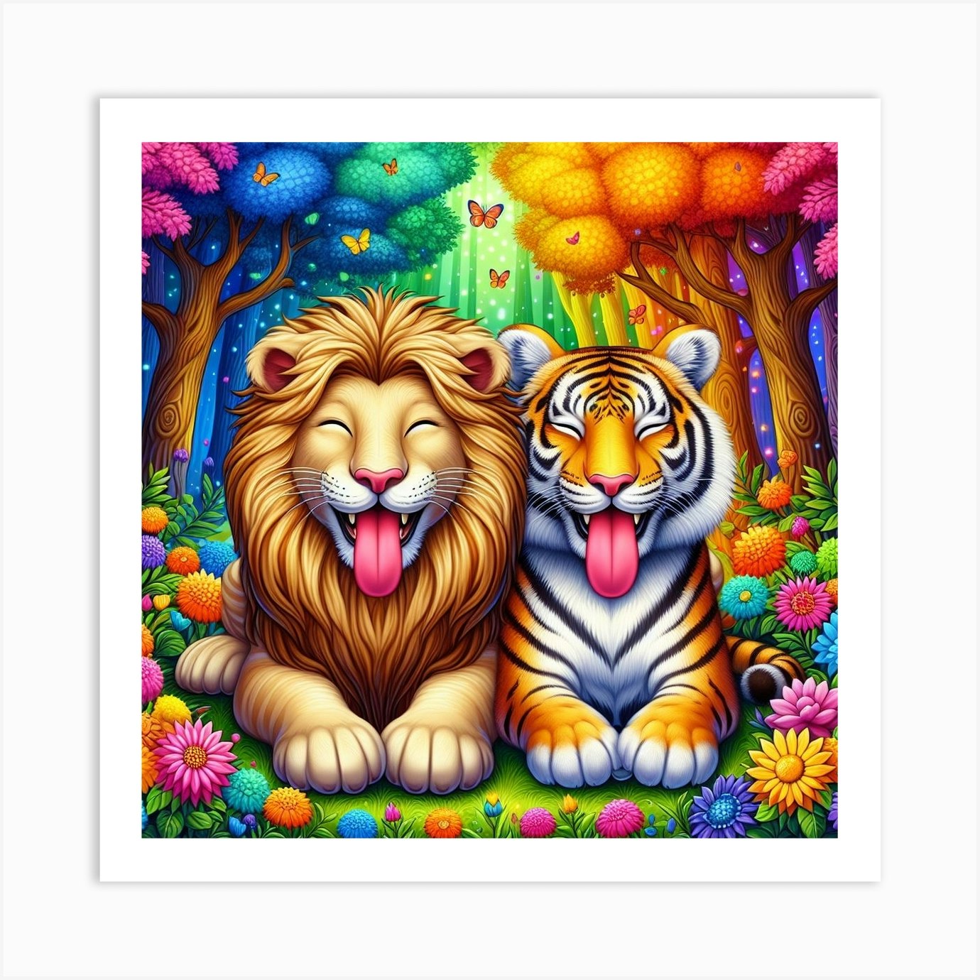 Lion And Tiger Art Print Framed Wall Art Poster Canvas Print Picture