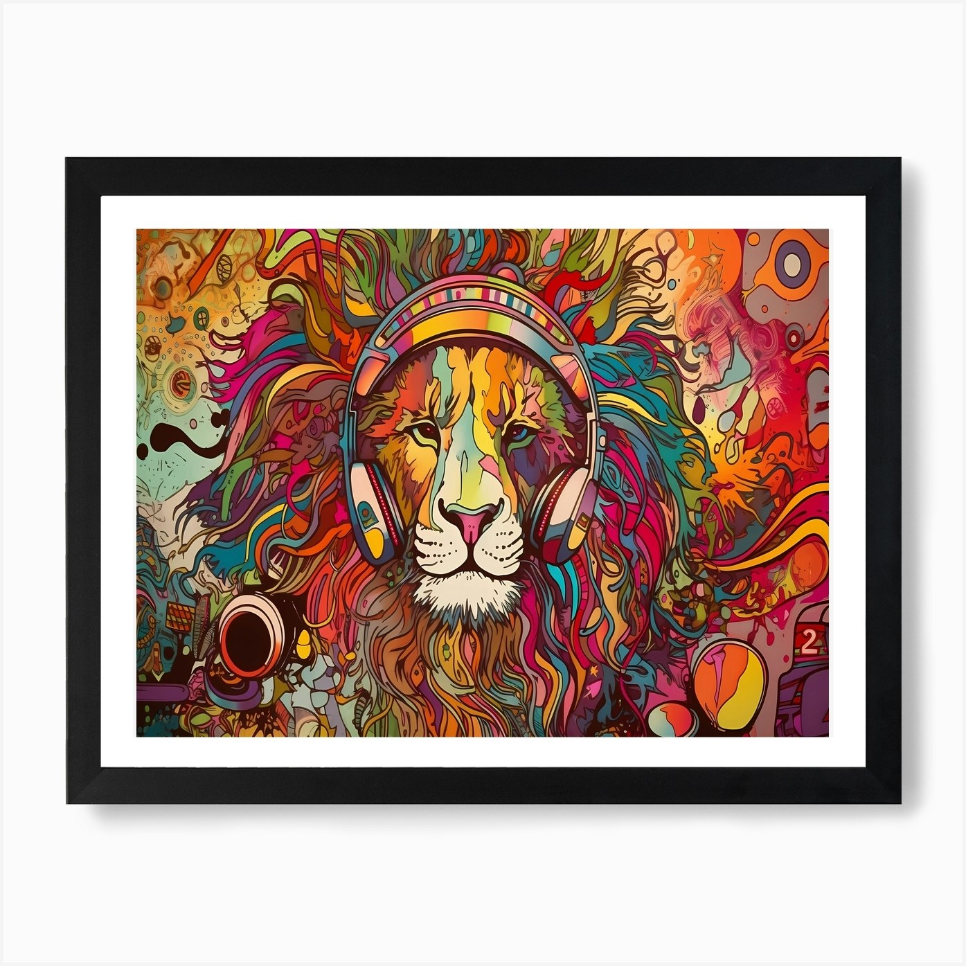 Dj Lion - Lion With Headphones Art Framed Wall Art Poster Canvas Print Picture