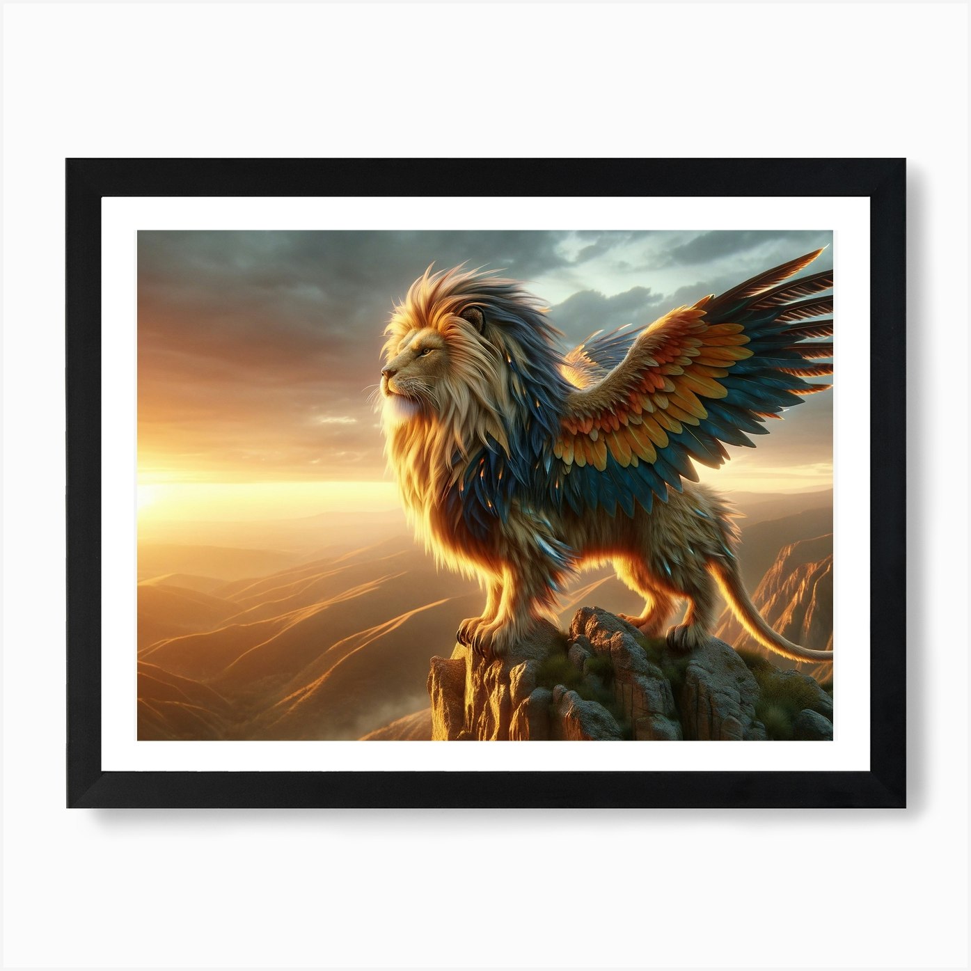 Majestic Lion Bird Sunset Fantasy A Framed Wall Art Poster Canvas Print Picture