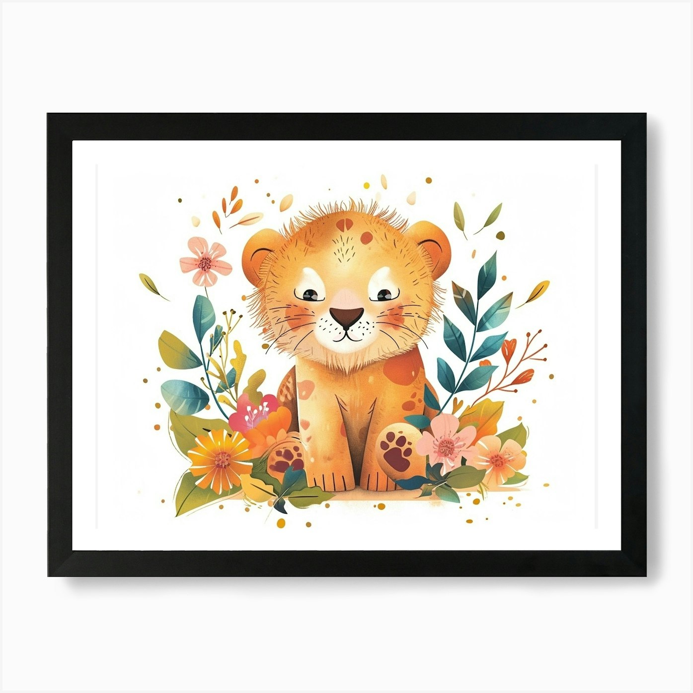 Little Floral Mountain Lion 1 Art P Framed Wall Art Poster Canvas Print Picture
