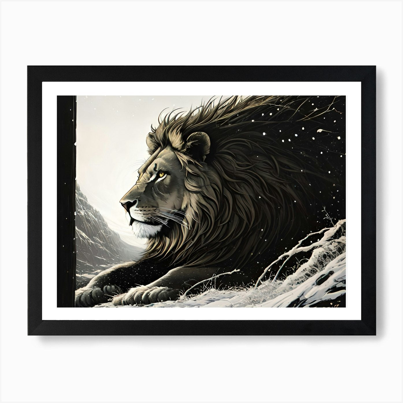 Lion In The Snow Art Print Framed Wall Art Poster Canvas Print Picture