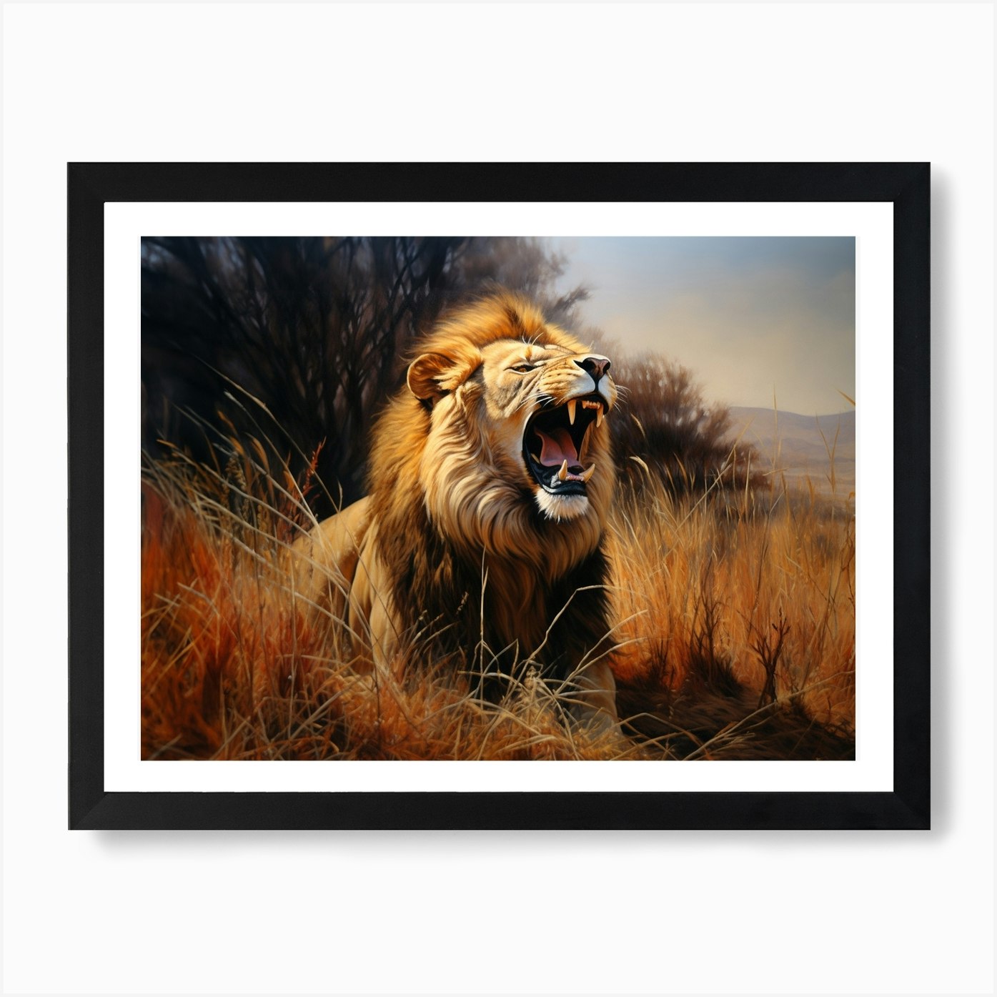 African Lion Roaring Realism Painti Framed Wall Art Poster Canvas Print Picture