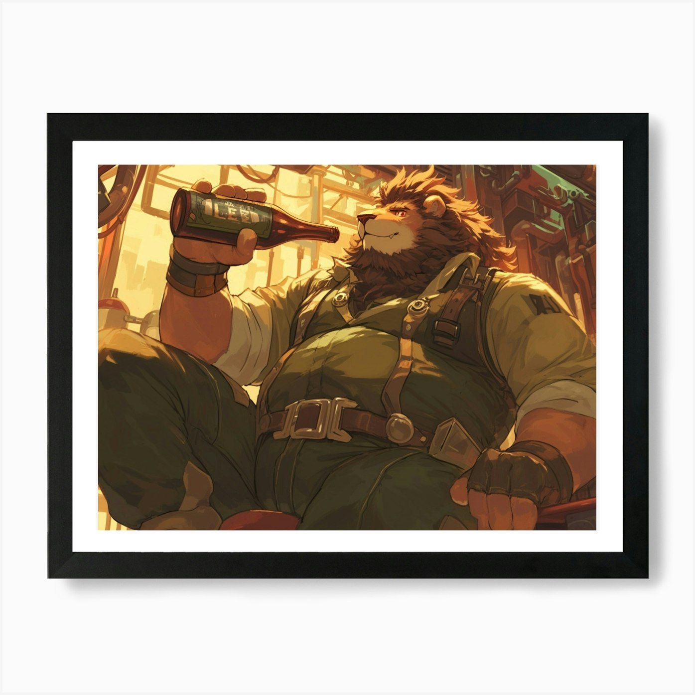 Steampunk Lion taking a drink break Framed Wall Art Poster Canvas Print Picture