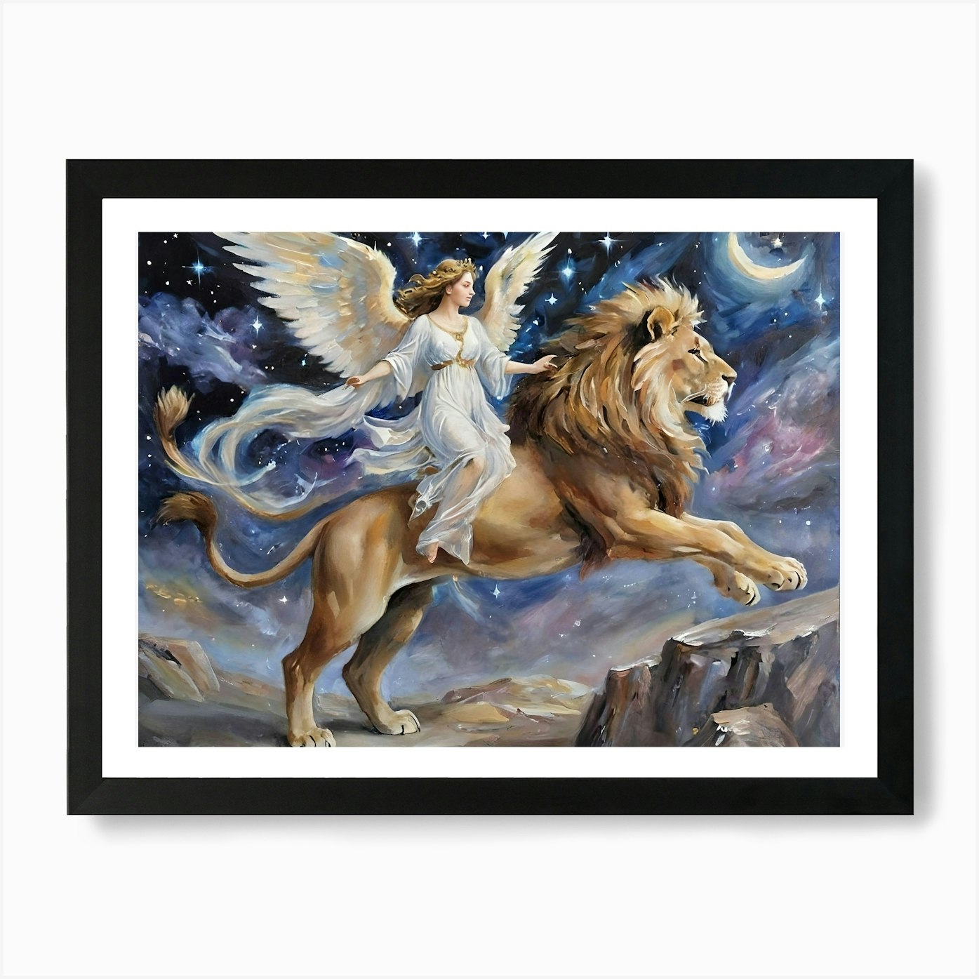 Angel Riding Lion In The Galaxy Art Framed Wall Art Poster Canvas Print Picture